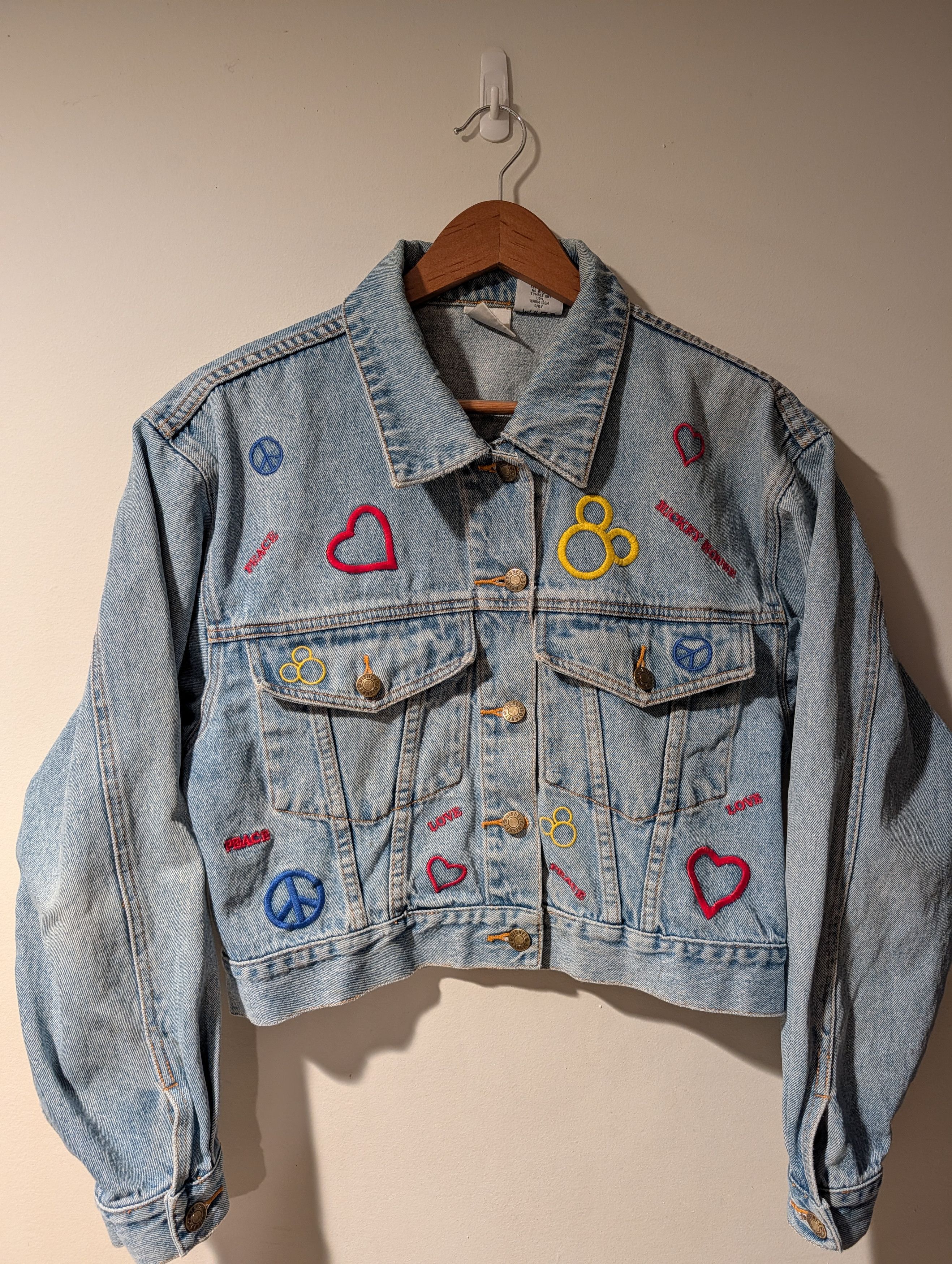 Disney Vtg Disney Mickey Mouse Peace Love Denim Jacket JUNIOR Size S / US 4 / IT 40 - 3 Thumbnail