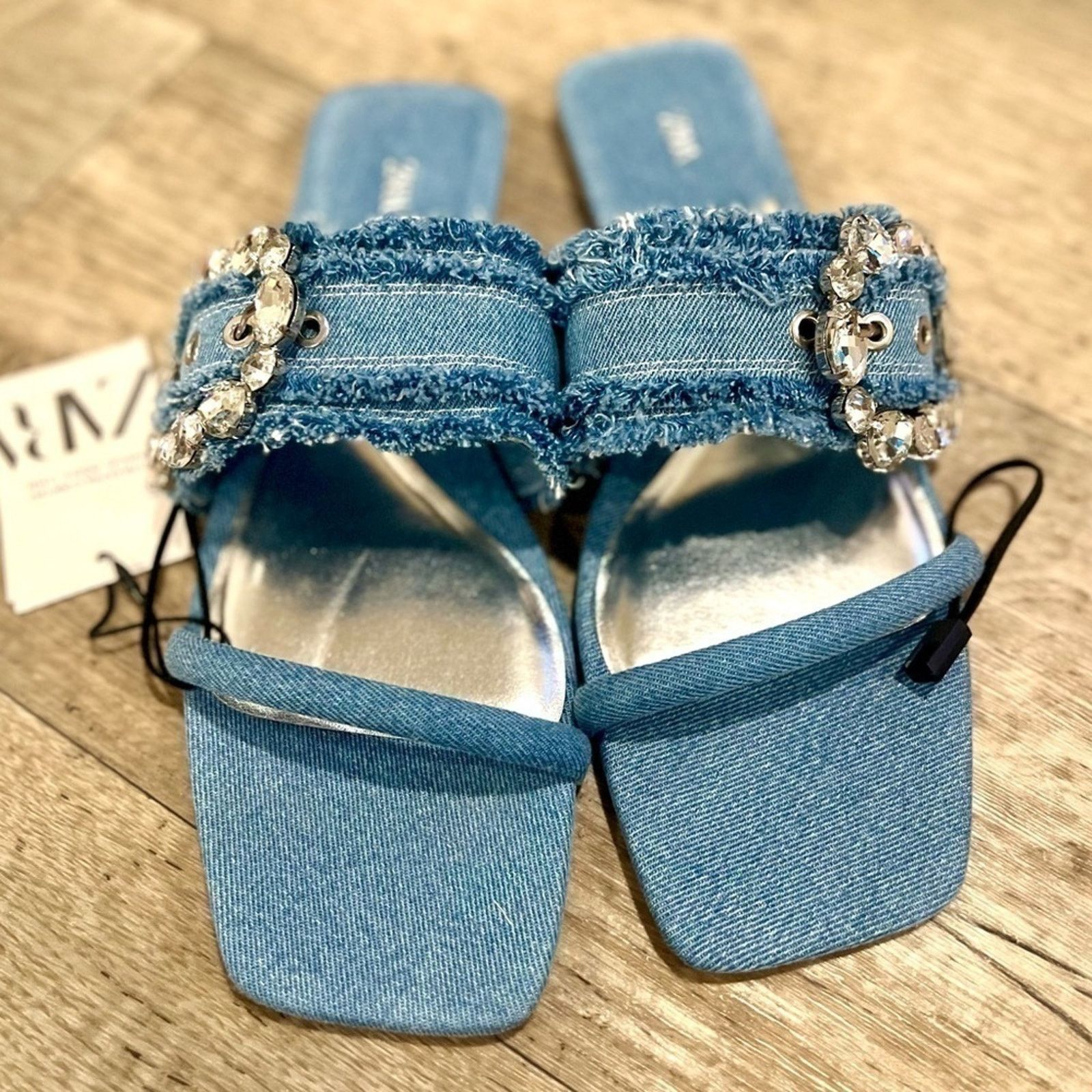 Zara ZARA Embellished Denim Slide Sandals NWT Size US 6.5 / IT 36.5 - 14 Thumbnail