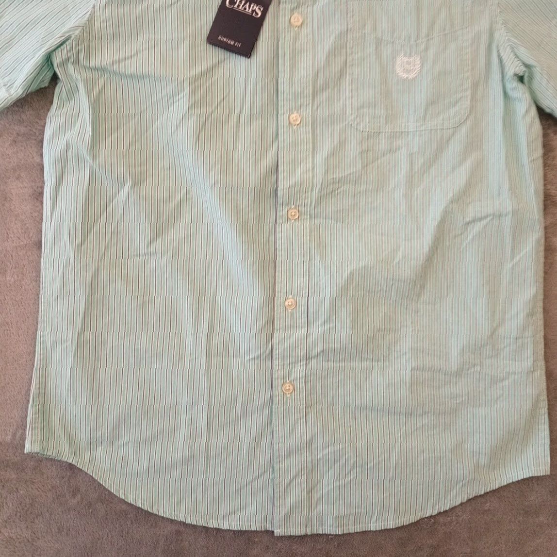 Chaps Chaps Shirt Mens M Blue Striped Button-Down Short Sleeve Casual Cotton Blend New Regular Fit Size US M / EU 48-50 / 2 - 5 Thumbnail