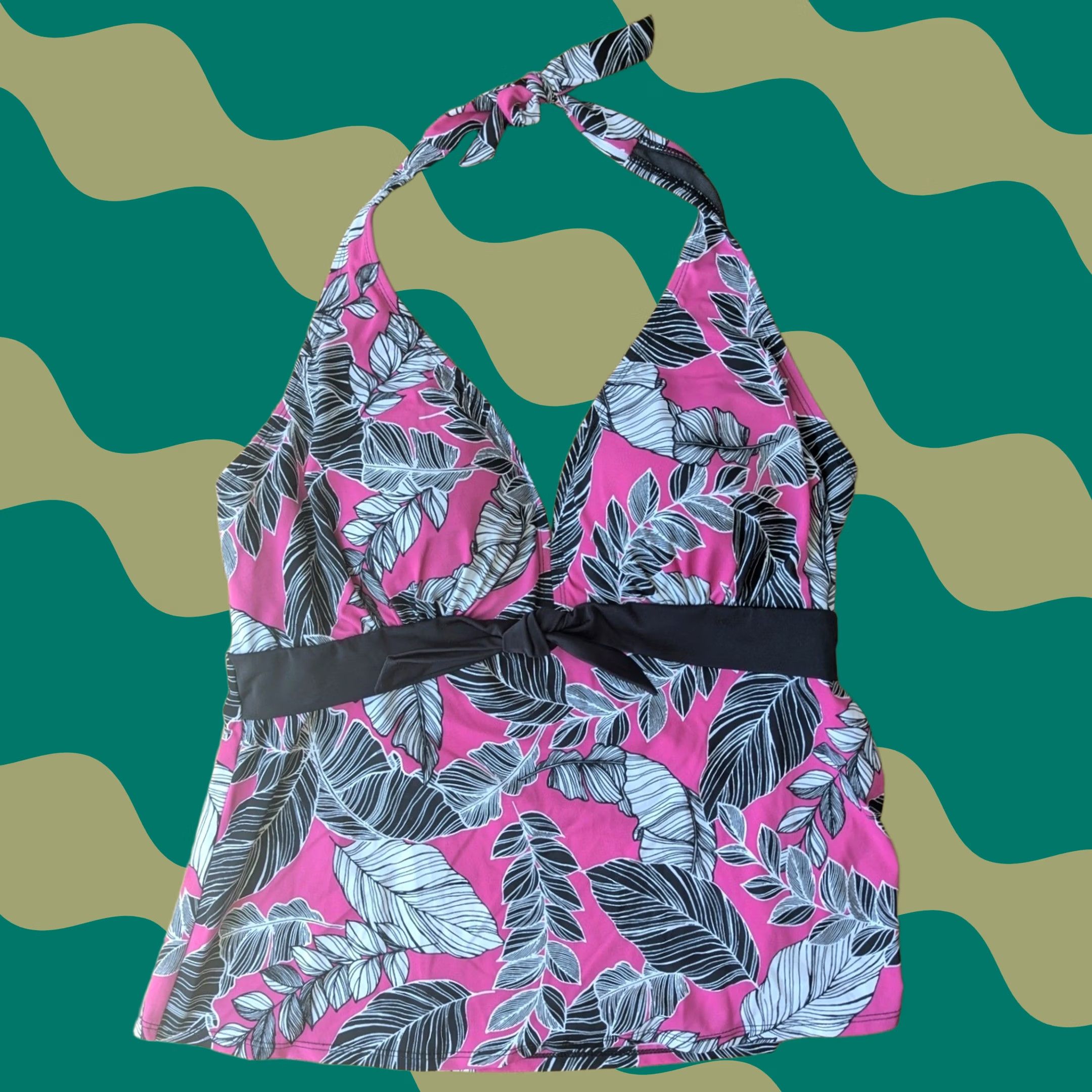 Vintage Swimsuits For All Tankini Top Pink Black White Tropical Leaf Halter Sz 18 NWT Size XXL / US 16-18 / IT 52-54 - 1 Thumbnail