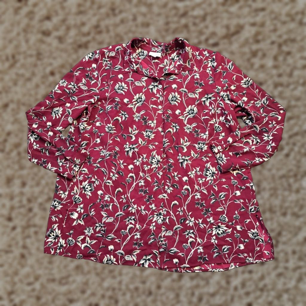 J. Jill J Jill Top Women Large Red Floral Button-Up Tunic Long Sleeve Career Casual Shirt Size L / US 10 / IT 46 - 1 Thumbnail