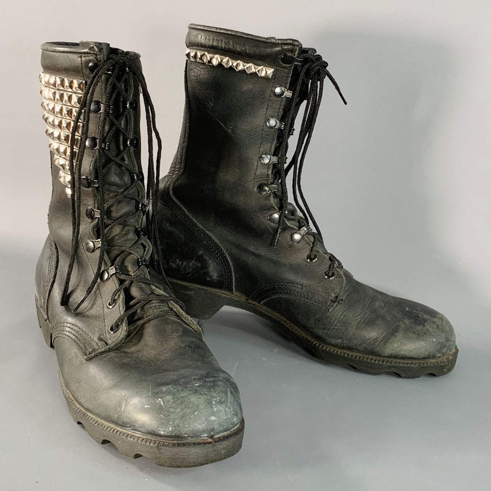 11 Black Silver Studded Leather Lace-Up Military Boots