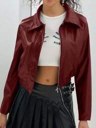 Other Women’s Burgundy Faux Leather Cropped Jacket Size M / US 6-8 / IT 42-44 - 4 Thumbnail