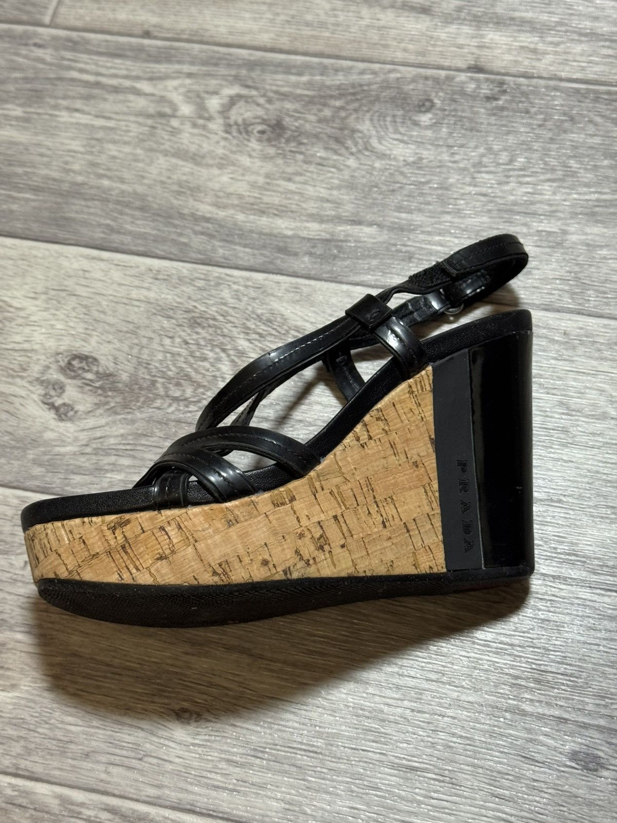 Prada Prada Sport Black Patent Leather/Cork Platform Wedge Sandals Size US 5 / IT 35 - 6 Thumbnail