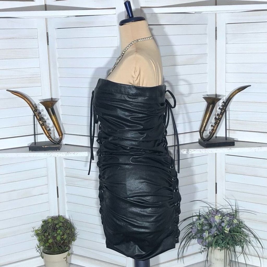 Forever 21 Lace-Up Tube Mini Dress Corset Strapless Leather Black sz S Size S / US 4 / IT 40 - 14 Thumbnail