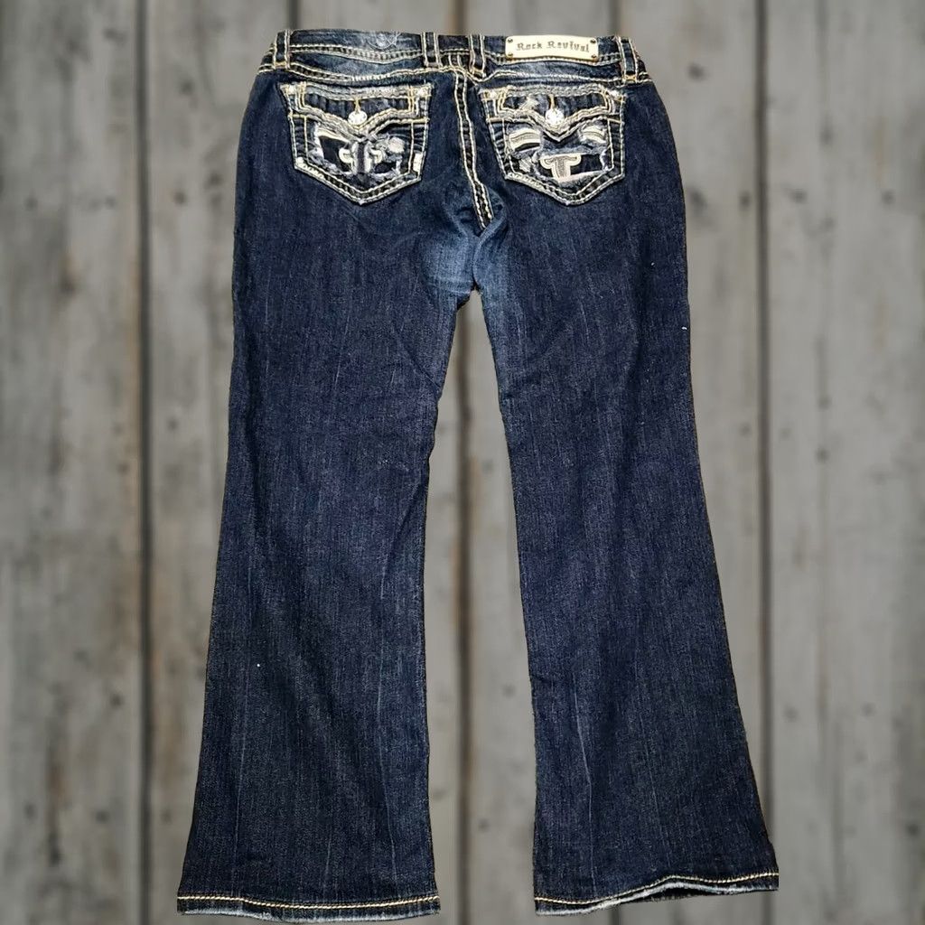 Vintage Rock Revival Karla Skinny Jeans 30 Dark Wash Blue Denim Rhinestone Studded Embroidered Pockets Women jeans Slim Size 30" / US 8 / IT 44 - 1 Thumbnail