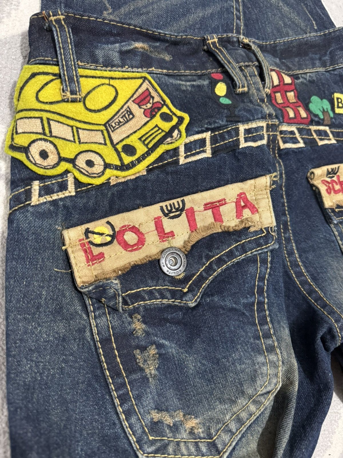 If Six Was Nine × Japanese Brand Yoshitomo Nara Lolita Skinny Jeans Embroidery Damage Flare Size US 30 / EU 46 - 9 Thumbnail