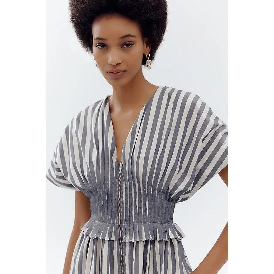 Anthropologie New V-Neck Zip-Front Midi Dress $180 X-SMALL Blue Stripe Size XS / US 0-2 / IT 36-38 - 2 Thumbnail