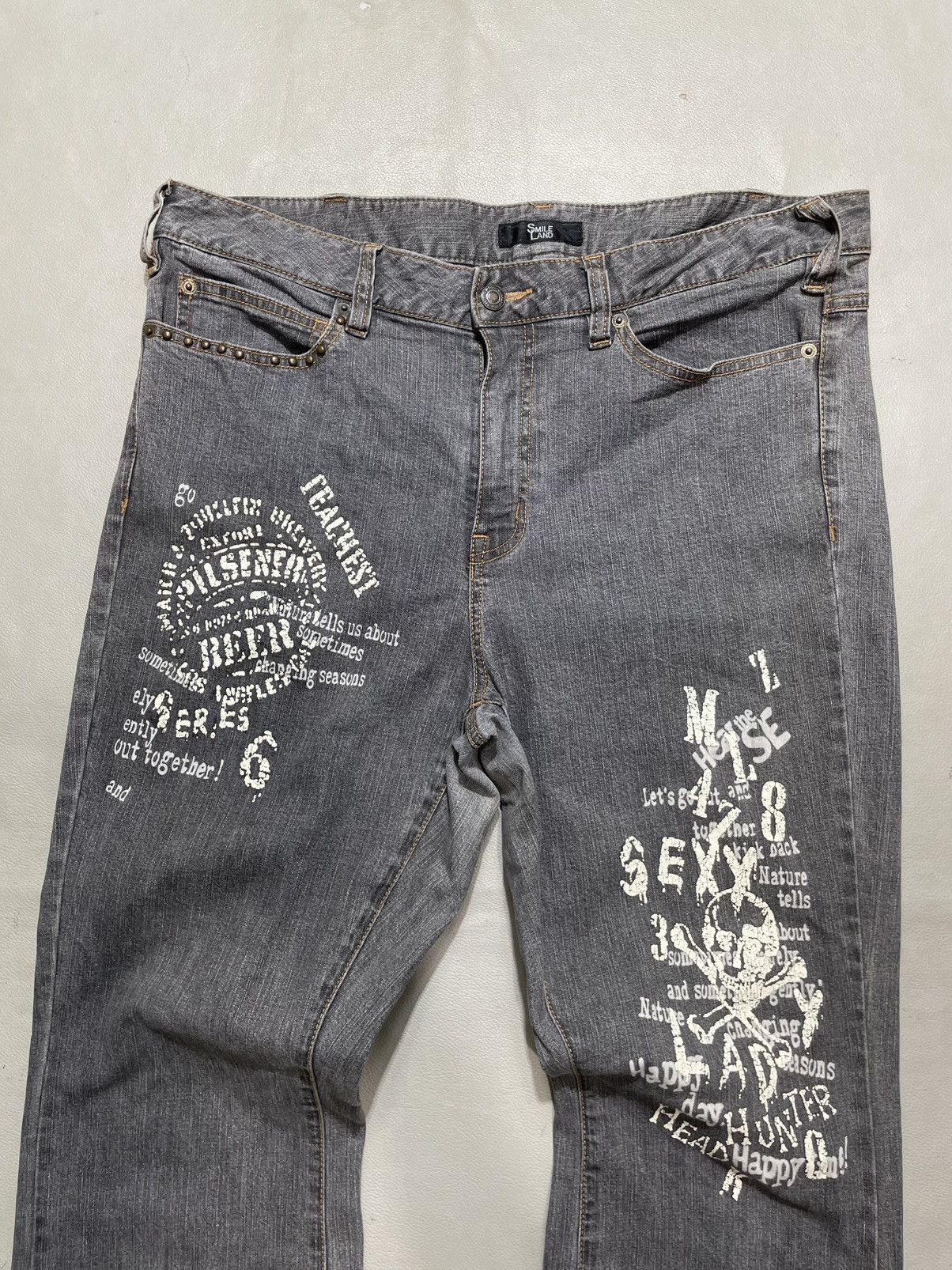If Six Was Nine Japanese Punk Poem Flare Jeans Bootcut Washed Size US 35 - 2 Thumbnail