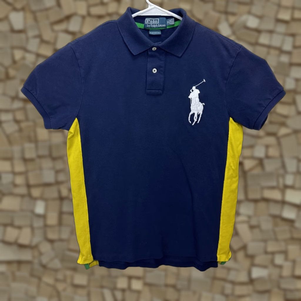 Polo Ralph Lauren VINTAGE Polo Ralph Lauren Men's Polo Shirt Classic Fit Short Sleeve Navy Blue Yellow Big Pony Logo GOLF Casual Size US M / EU 48-50 / 2 - 1 Thumbnail