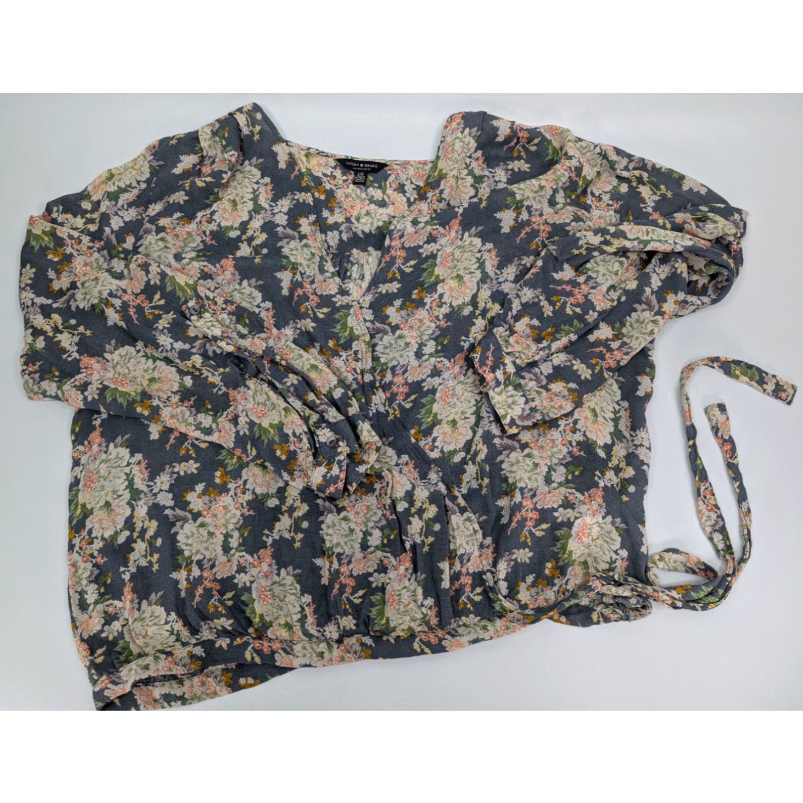 Lucky Brand Lucky Brand Sawyer Wrap Blouse Top Women's L Floral V-Neck Chiffon Bow Bohemian 7WD41127 Size L / US 10 / IT 46 - 2 Thumbnail