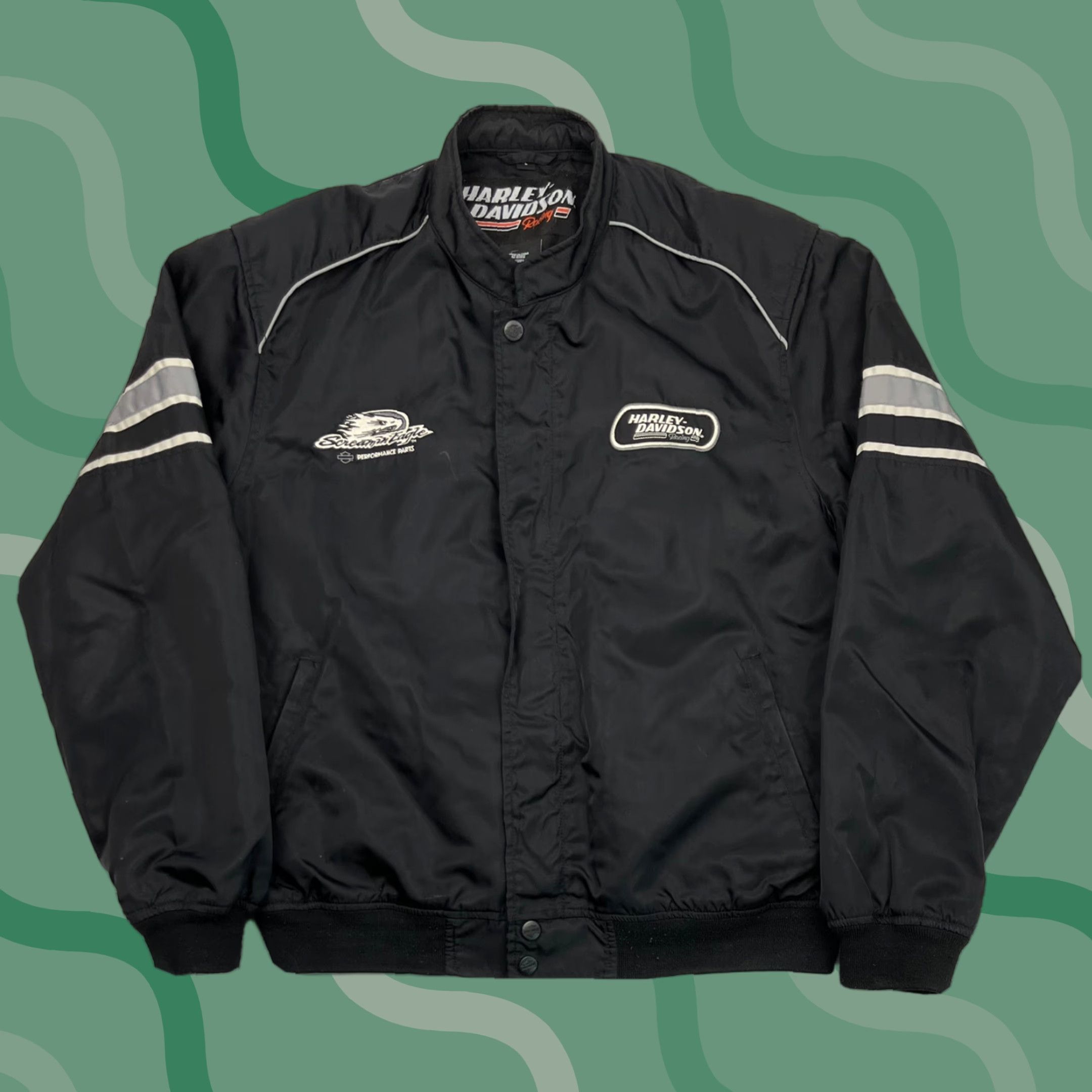 VINTAGE Harley-Davidson Racing Jacket Mens Black Nylon Windbreaker M/L
