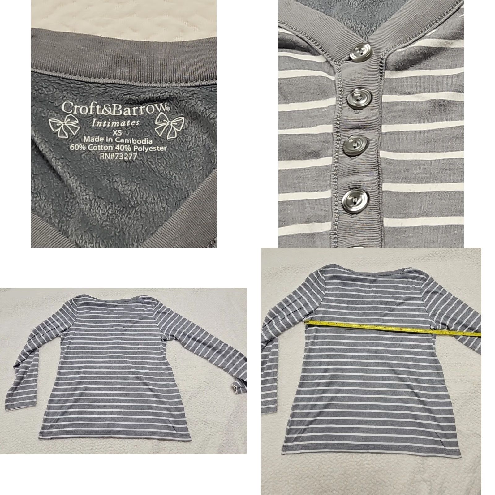 Croft & Barrow VINTAGE Croft & Barrow Intimates Pajama Set Women XS Charcoal Grey Striped Fleece Warm Winter Fall Spring Womens Size ONE SIZE - 8 Thumbnail
