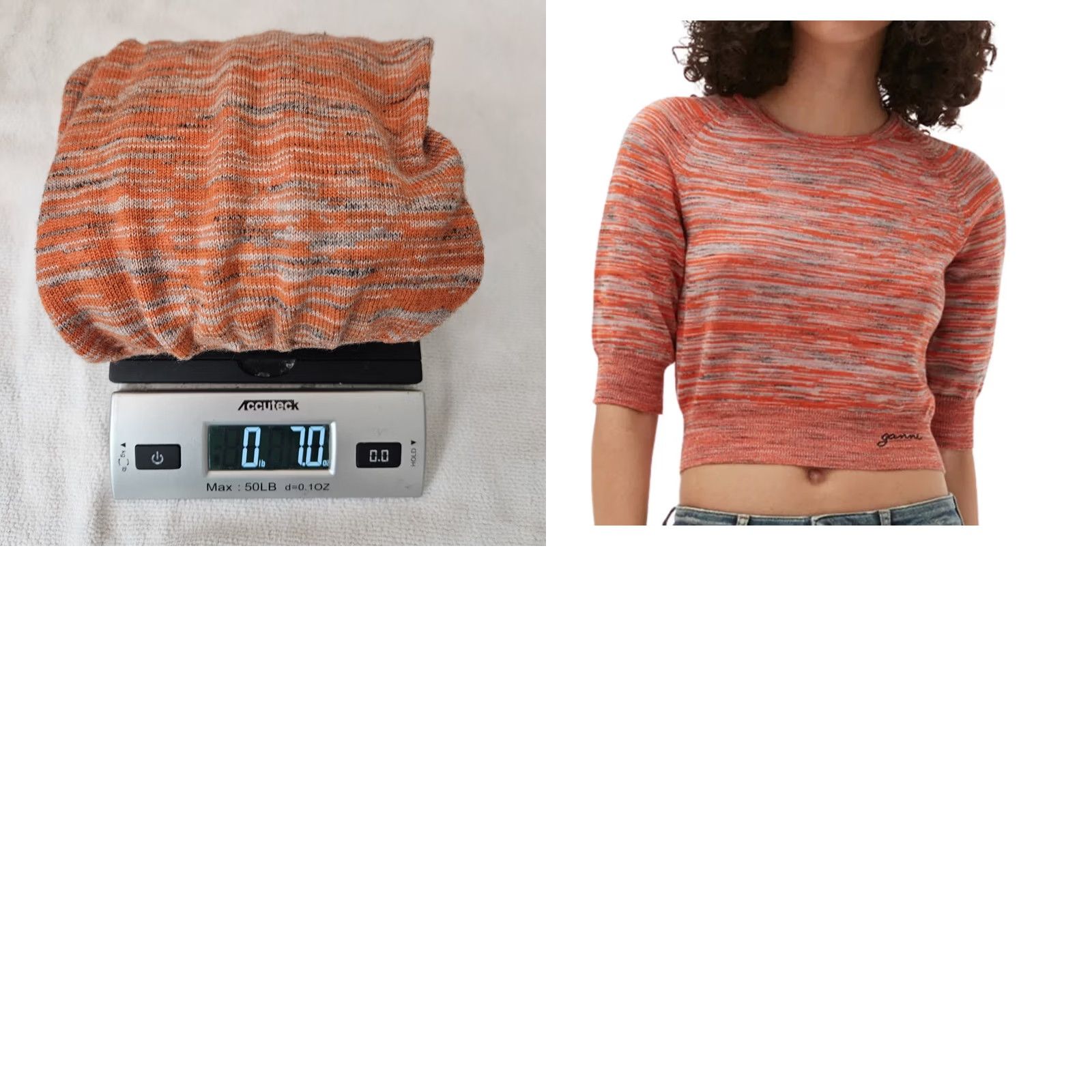 Ganni Ganni Merino Mouline Top Women’s Cropped 100% Wool Knit Elbow Sleeve Size L Orange Short Sleeve Regular Fit Crew Neck Shirt Size L / US 10 / IT 46 - 8 Thumbnail