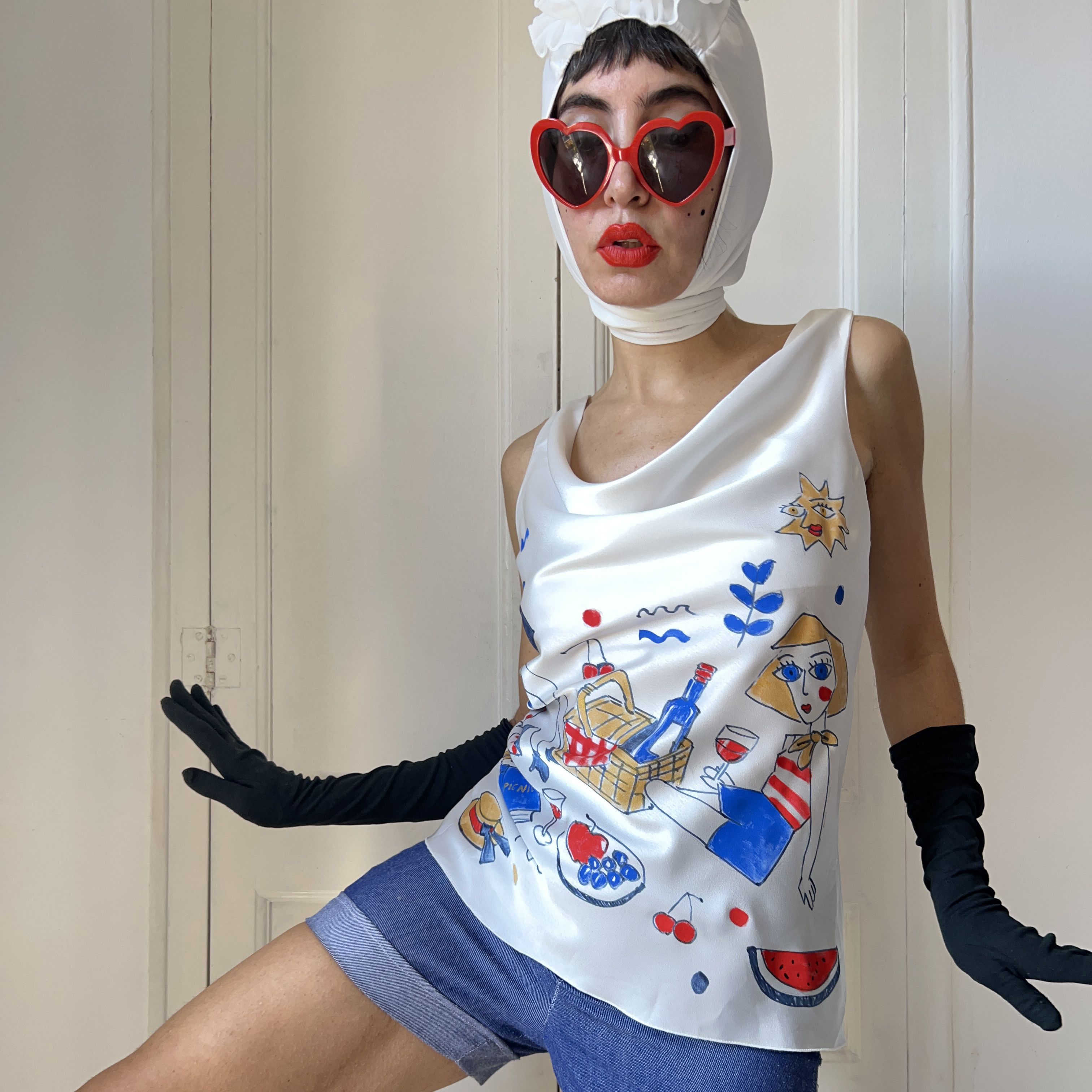 Custommade Hand Painted Picnic Satin Wearable Art Tank Top Size M / US 6-8 / IT 42-44 - 5 Thumbnail