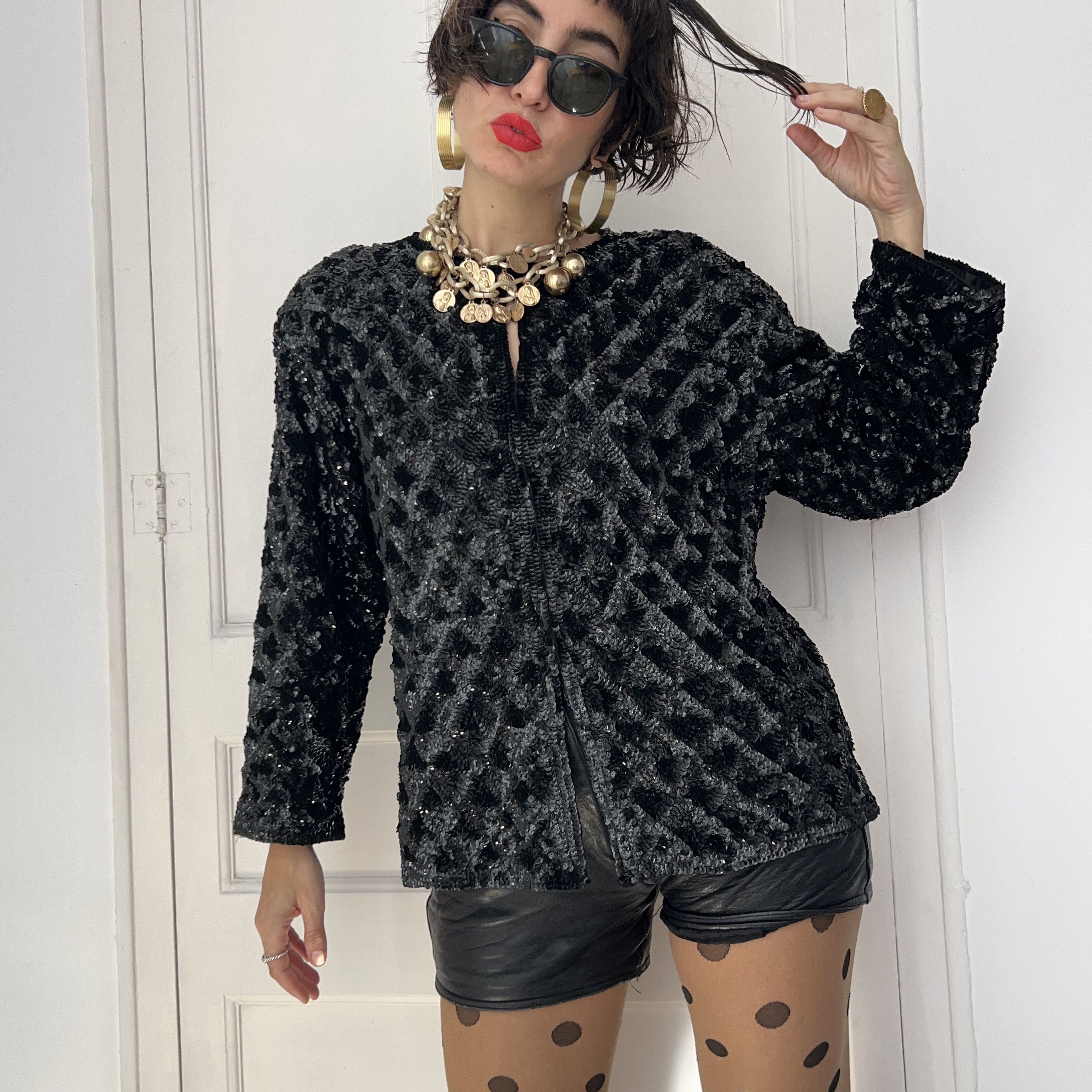 Vintage Vintage 80s Black Sequin Jacket Size L / US 10 / IT 46 - 1 Thumbnail