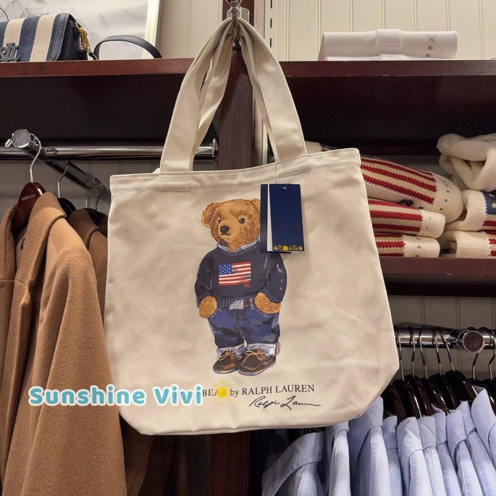NWT Polo Ralph Lauren Cotton Bear Zip Tote Bag Cream