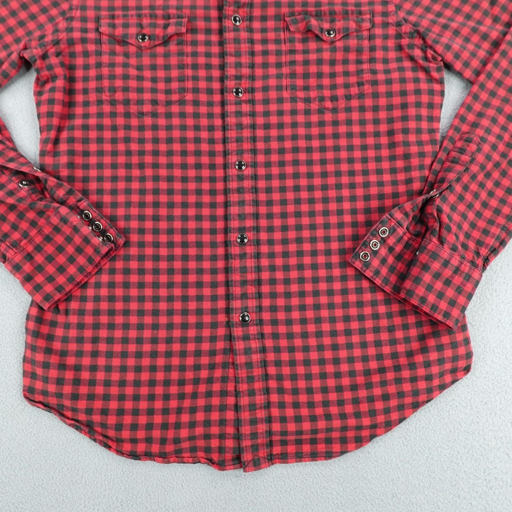 VINTAGE Polo Ralph Lauren Shirt Mens Medium Long Sleeve Gingham Check Western Pearl Snap Red Cotton