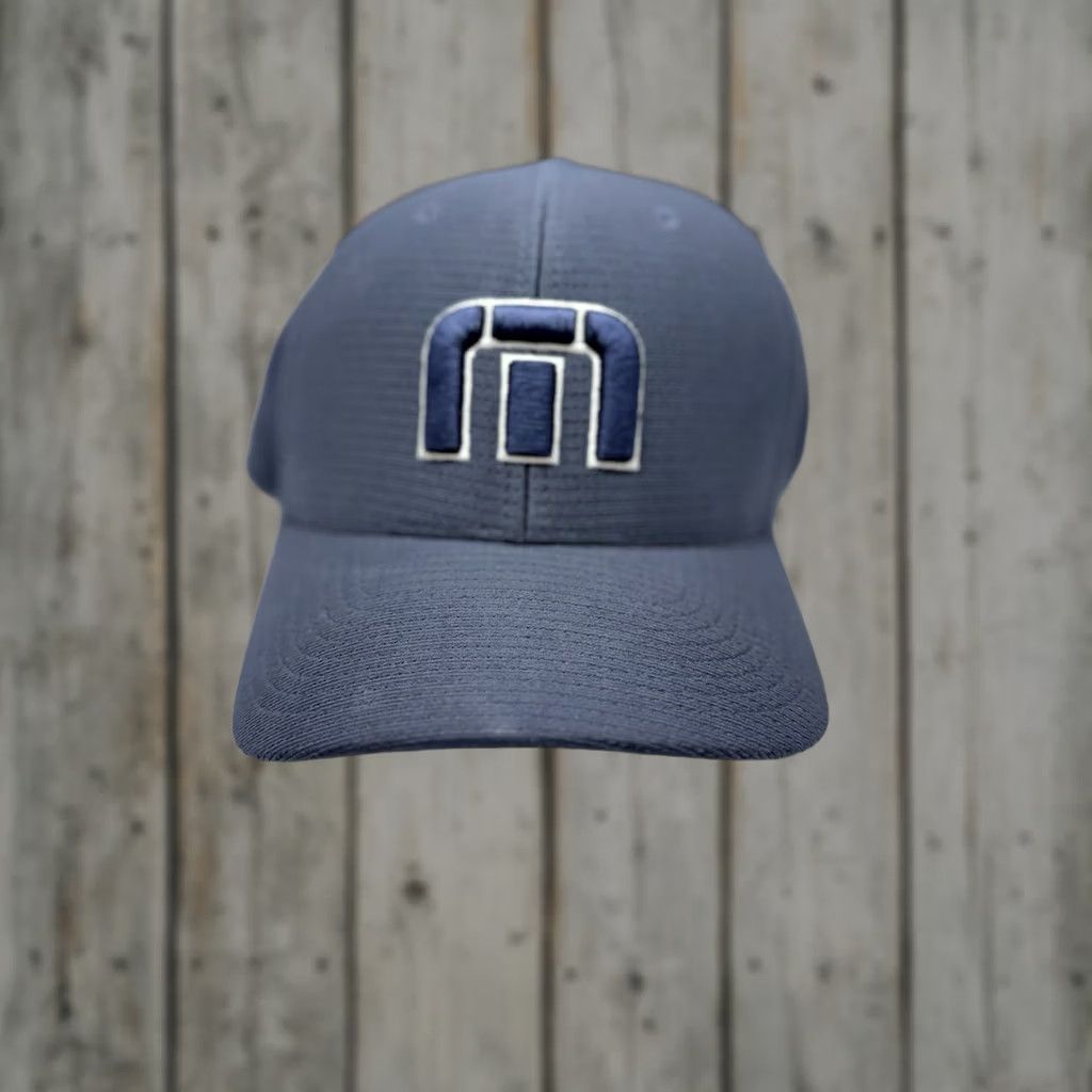 TravisMathew Travis Mathew Hat Fitted Mens L-XL Navy Embroidered Logo Flexfit Yupoong Baseball Cap Blue Knit Polyester Stretch Golf Casual Summer Spring Fall Size ONE SIZE - 1 Thumbnail