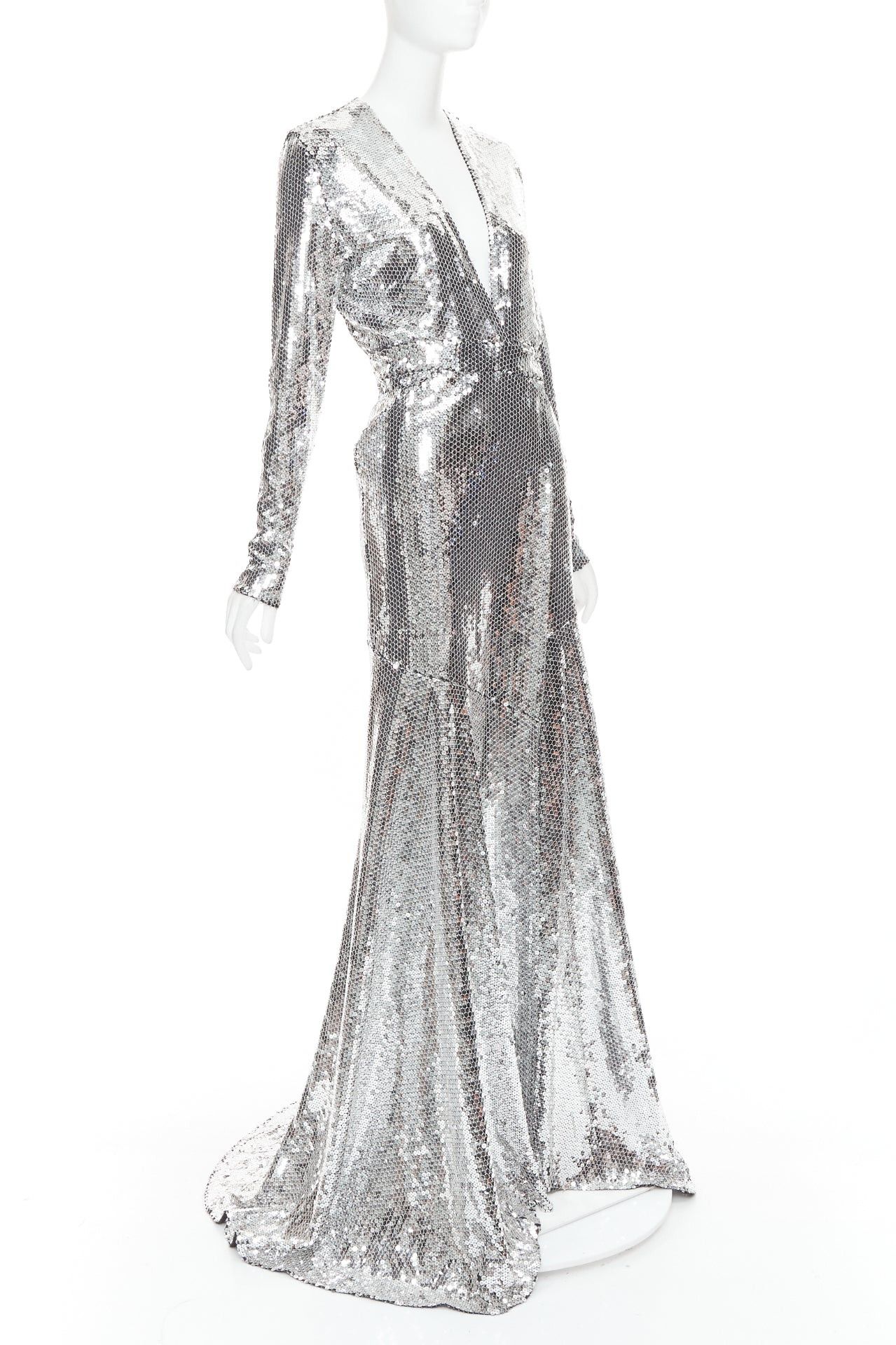 Alexandre Vauthier ALEXANDRE VAUTHIER COUTURE SS2015 Runway metallic silver sequin plunge neck gown dress Size S / US 4 / IT 40 - 1 Thumbnail