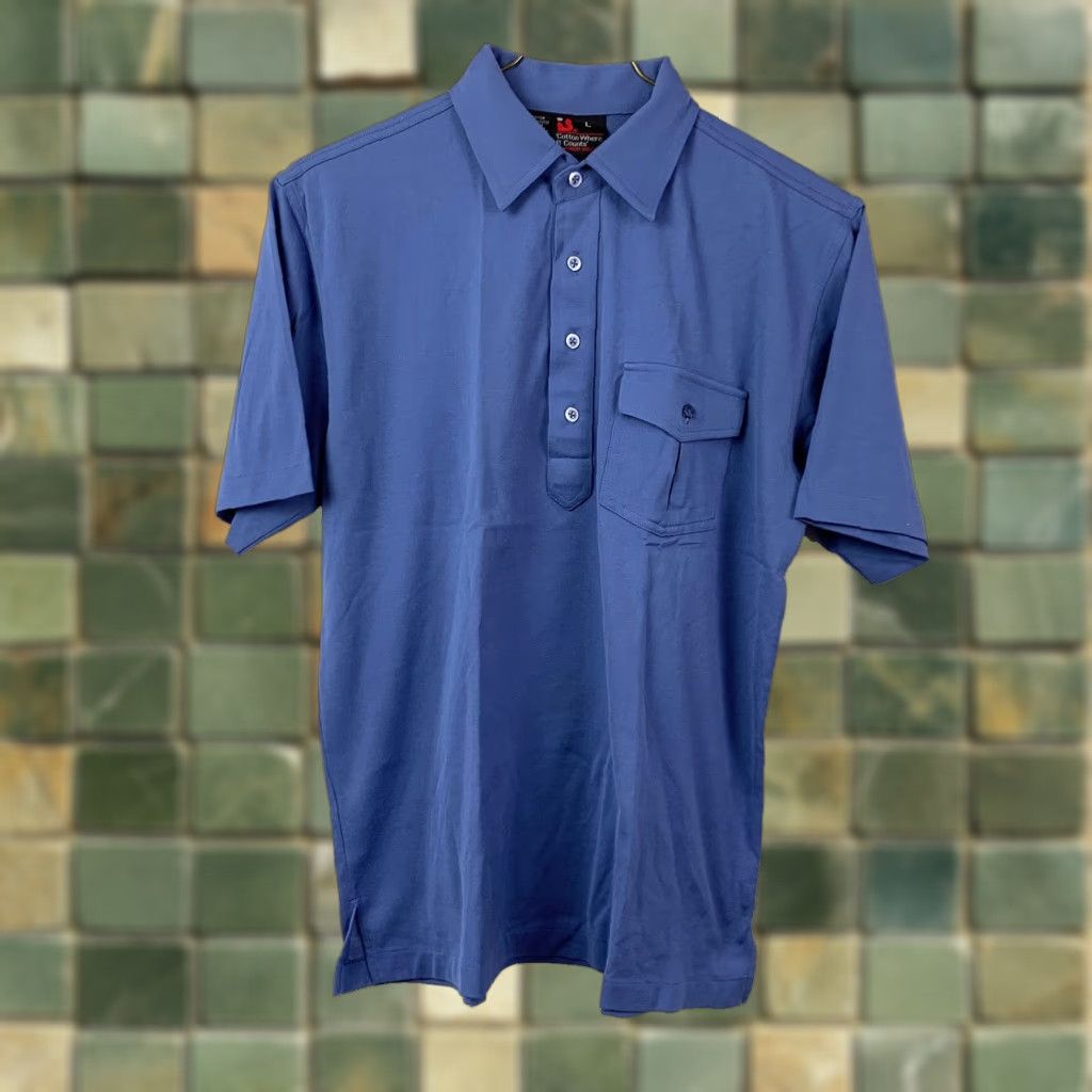 Vintage Vintage Robert Bruce Cotton Where It Counts Preppy Polo Blue Large Shirt Mens 90s Polo Shirt Short Sleeve 53/47 Cotton-Poly Blend Size US L / EU 52-54 / 3 - 1 Thumbnail