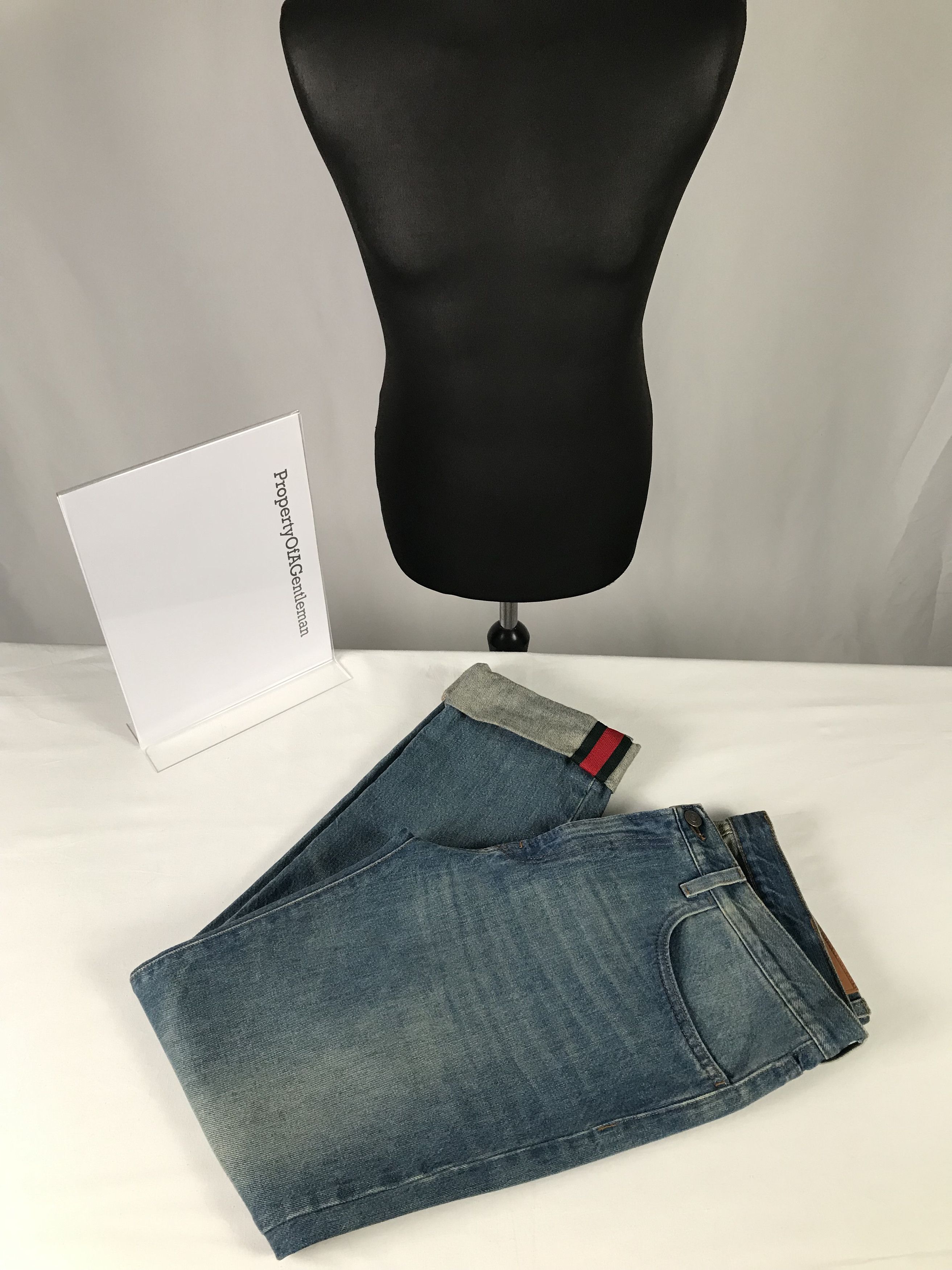 Gucci Blue Jeans With Red & Black Stripe Hems