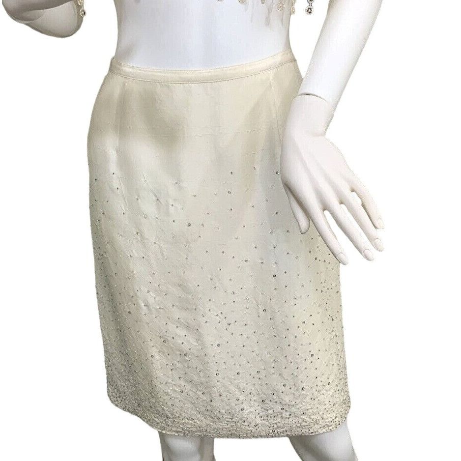 image of Vintage Lamberto Losani Silk Beaded Skirt Ivory M Above Knee, Women's (Size 30)