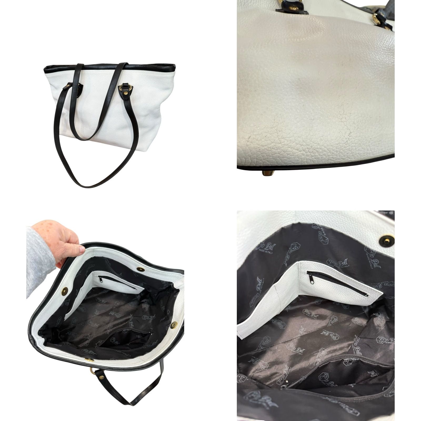 Vintage VALENTINA Crossbody Bag White Genuine Leather Handmade In Italy Black Trim Tote Womens Medium White/Pebbled Leather, Gold Hardware, Magnetic Closure Size ONE SIZE - 8 Thumbnail