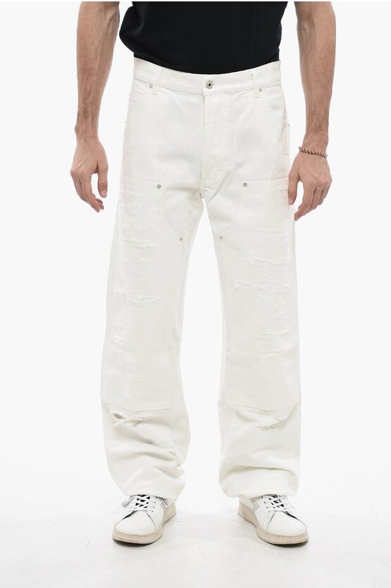 image of Heron Preston Distressed Denim Carpenter Cargo Pants in White, Men's (Size 33)