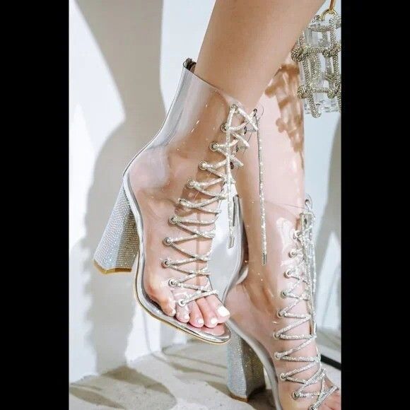 Other See Me Silver Rhinestone Laces Heels Clear Upper Open Toe An Size US 6 / IT 36 - 8 Thumbnail