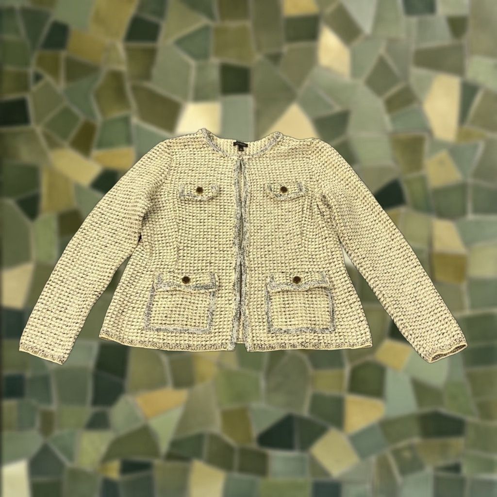 Talbots Plaid Jacquard Jacket Womens Medium Beige Short Sleeve Classic Cardigan