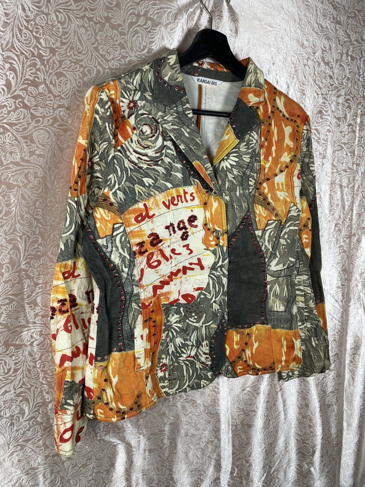 Kansai Yamamoto Kansai Bis Patchwork Art Jacket Floral Graphic Orange Grey Size L / US 10 / IT 46 - 7 Thumbnail