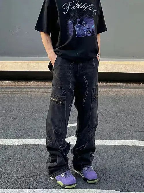 distressed damaged cargo ripped jeans