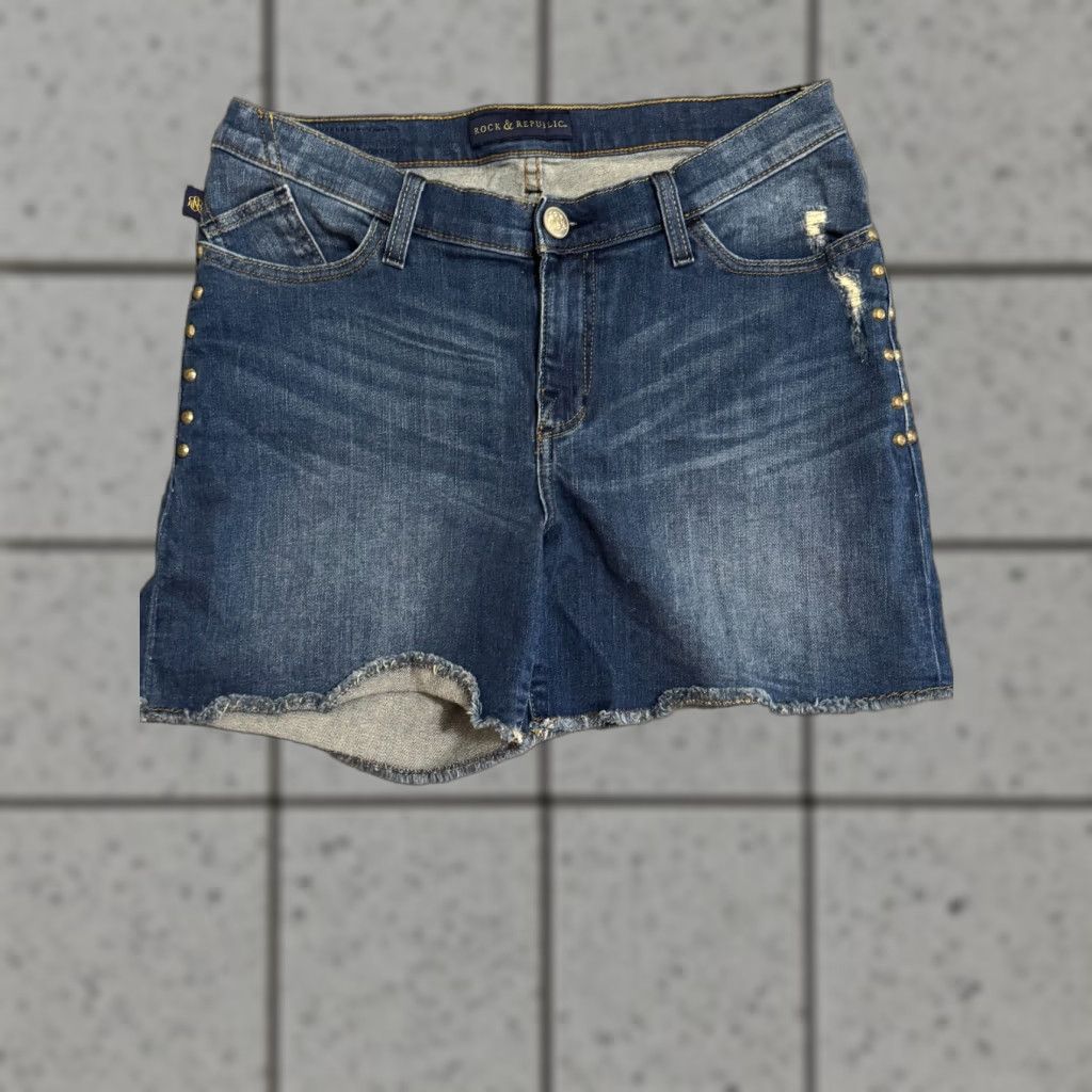 Vintage Rock & Republic Bermuda Shorts Women’s Blue Distressed Size 12 Beach Casual 5-Pocket Denim Short(s) Regular Fit Womens Size 34" / US 12 / IT 48 - 1 Thumbnail