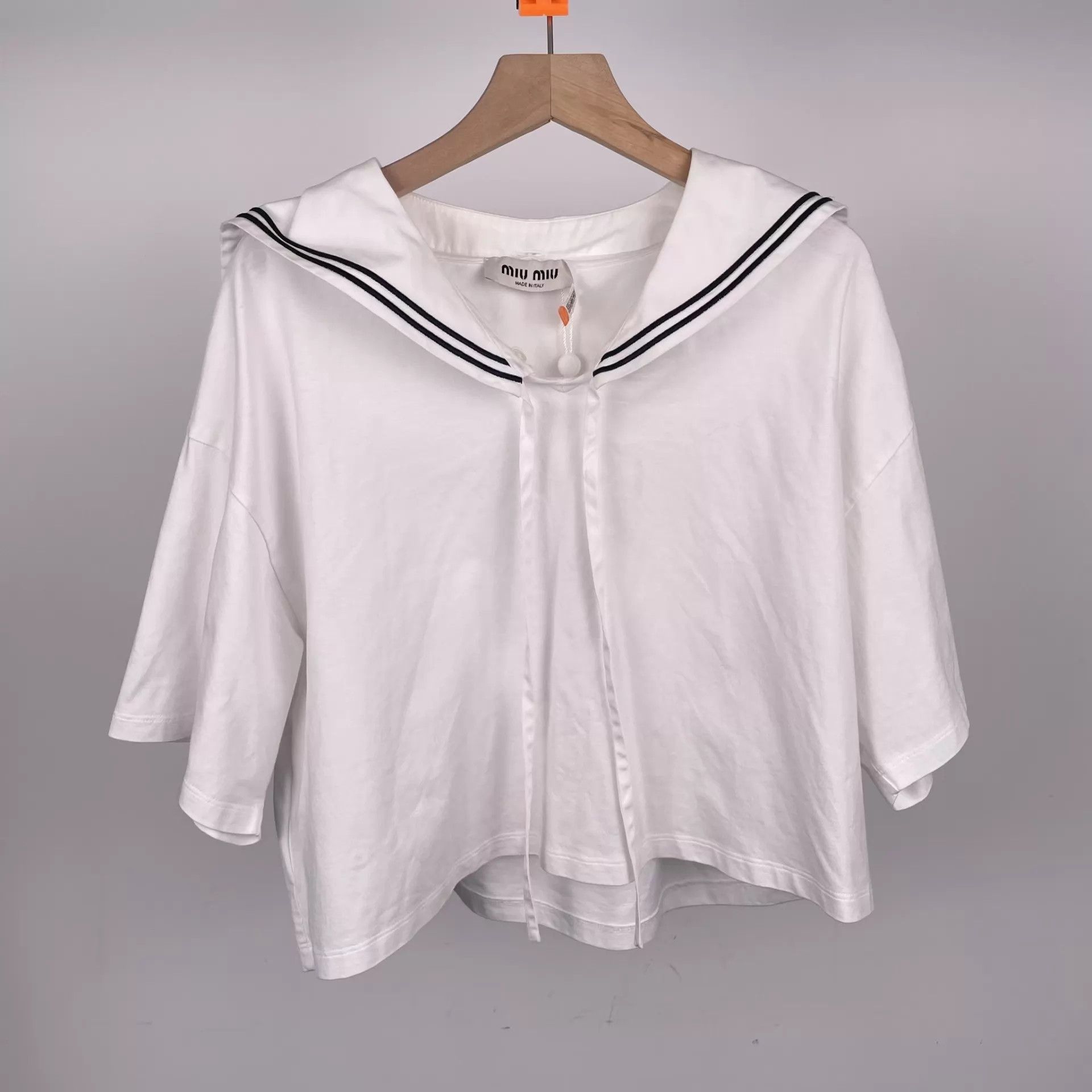 Miu Miu MIU MIU White Cotton Navy Collar Short Sleeve M Size M / US 6-8 / IT 42-44 - 1 Thumbnail
