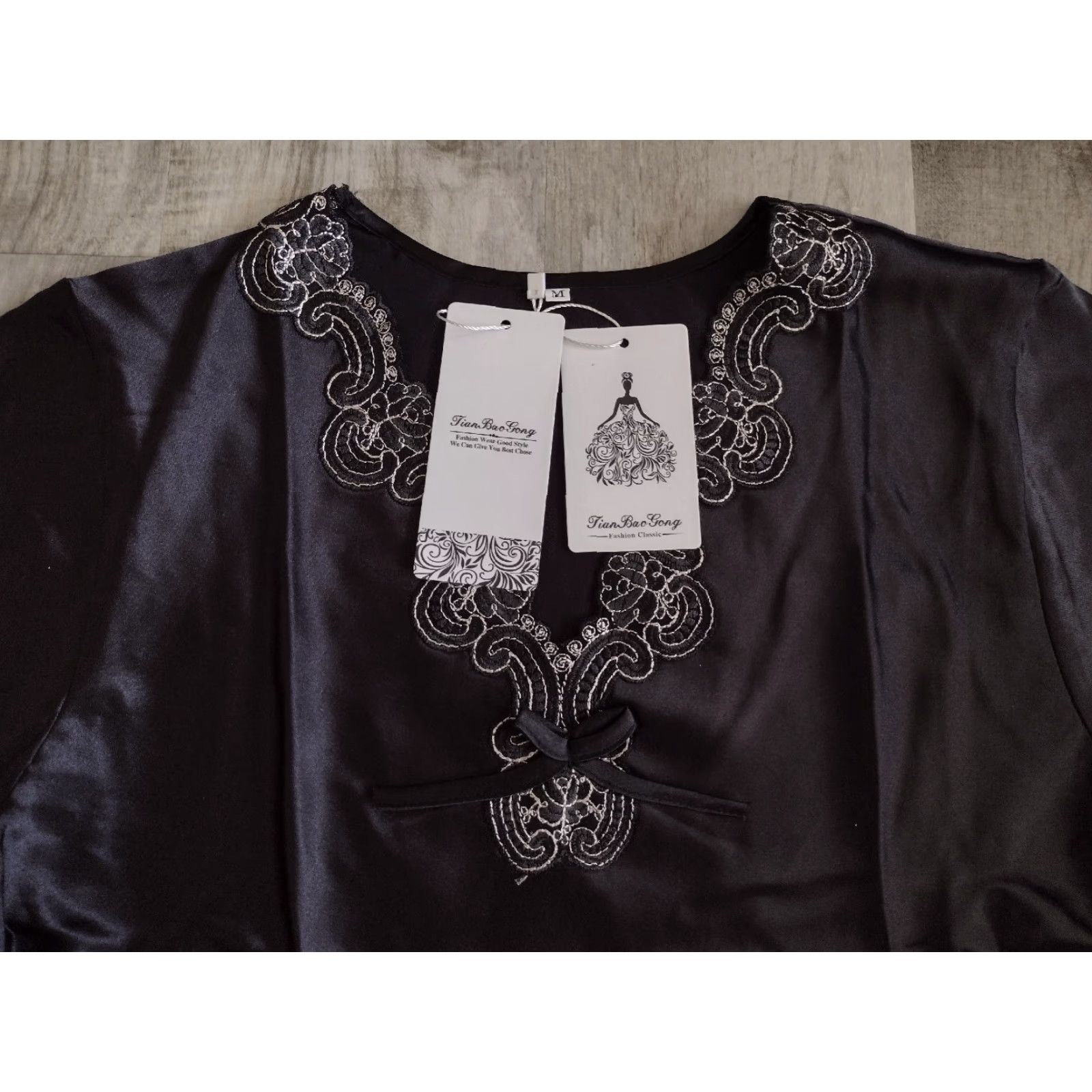 Vintage Tian Bao Gong Womens Pajamas Set 100% Polyester Black Floral Size M Intimate NWT Size ONE SIZE - 5 Thumbnail