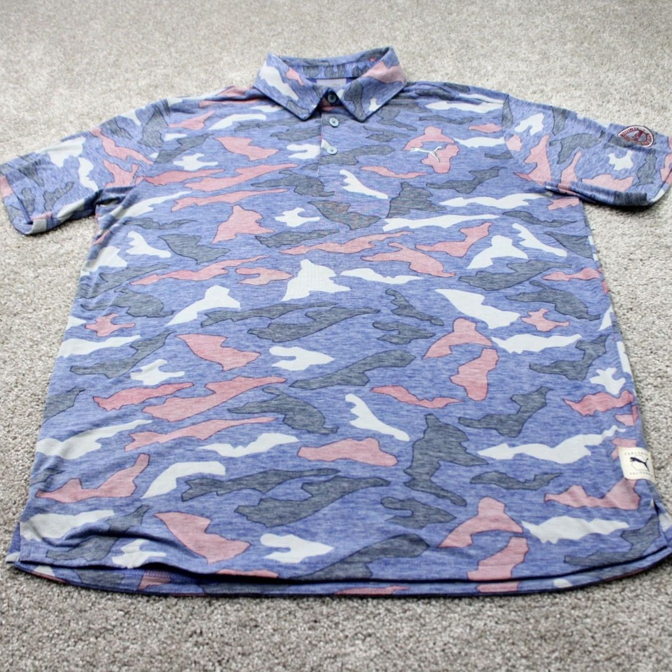Puma PUMA Polo Shirt Mens Medium Blue Pink Camo Reverse Print Golf S/S Pullover Size US XL / EU 56 / 4 - 2 Thumbnail