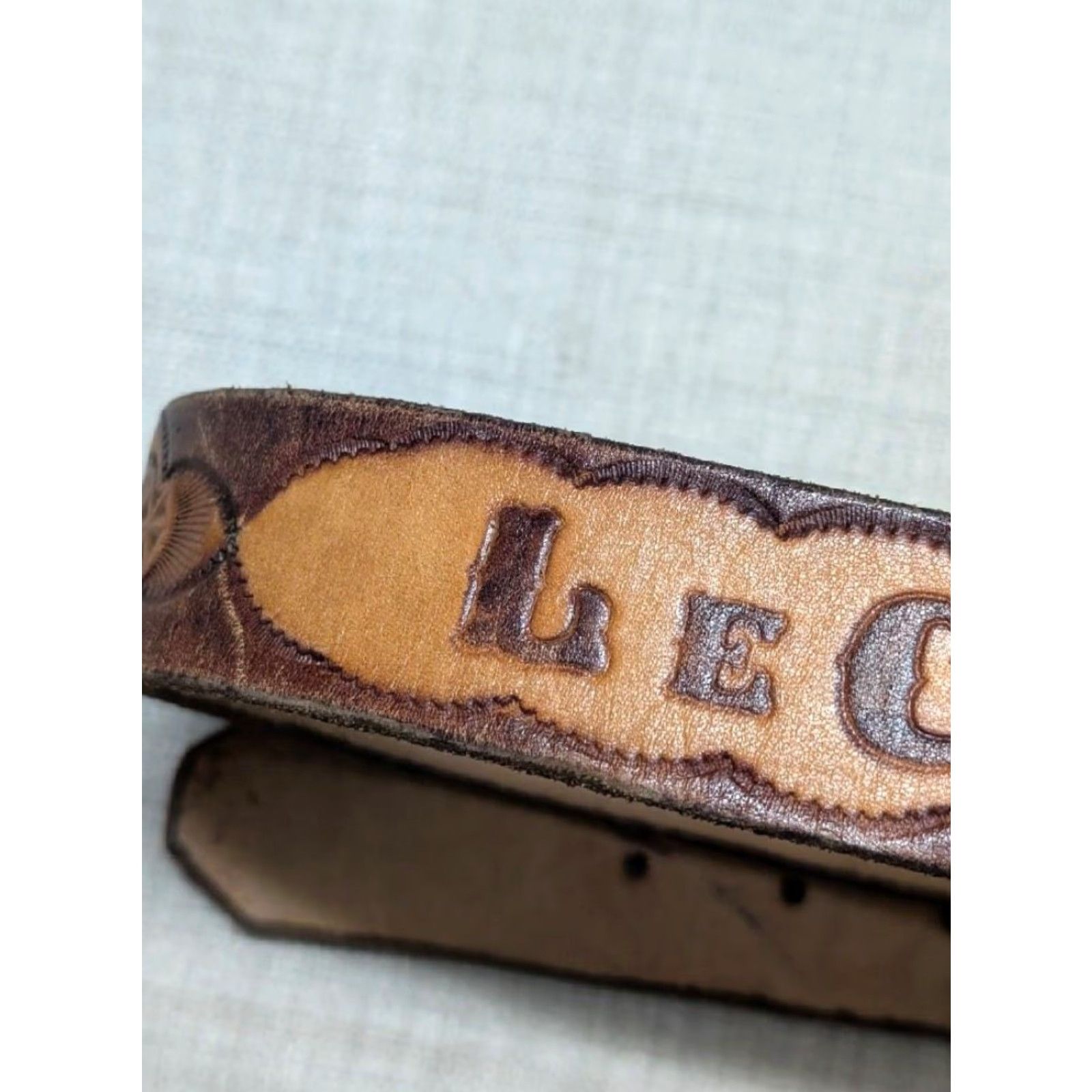 Vintage VINTAGE LeCLAIRE WESTERN Belt 36 Leather Brown Geometric Handcrafted Tooled Buckle Mens Adult 36 Brown Leather Full Grain 1-1/2" Western Belt Mens Size 36 - 3 Thumbnail