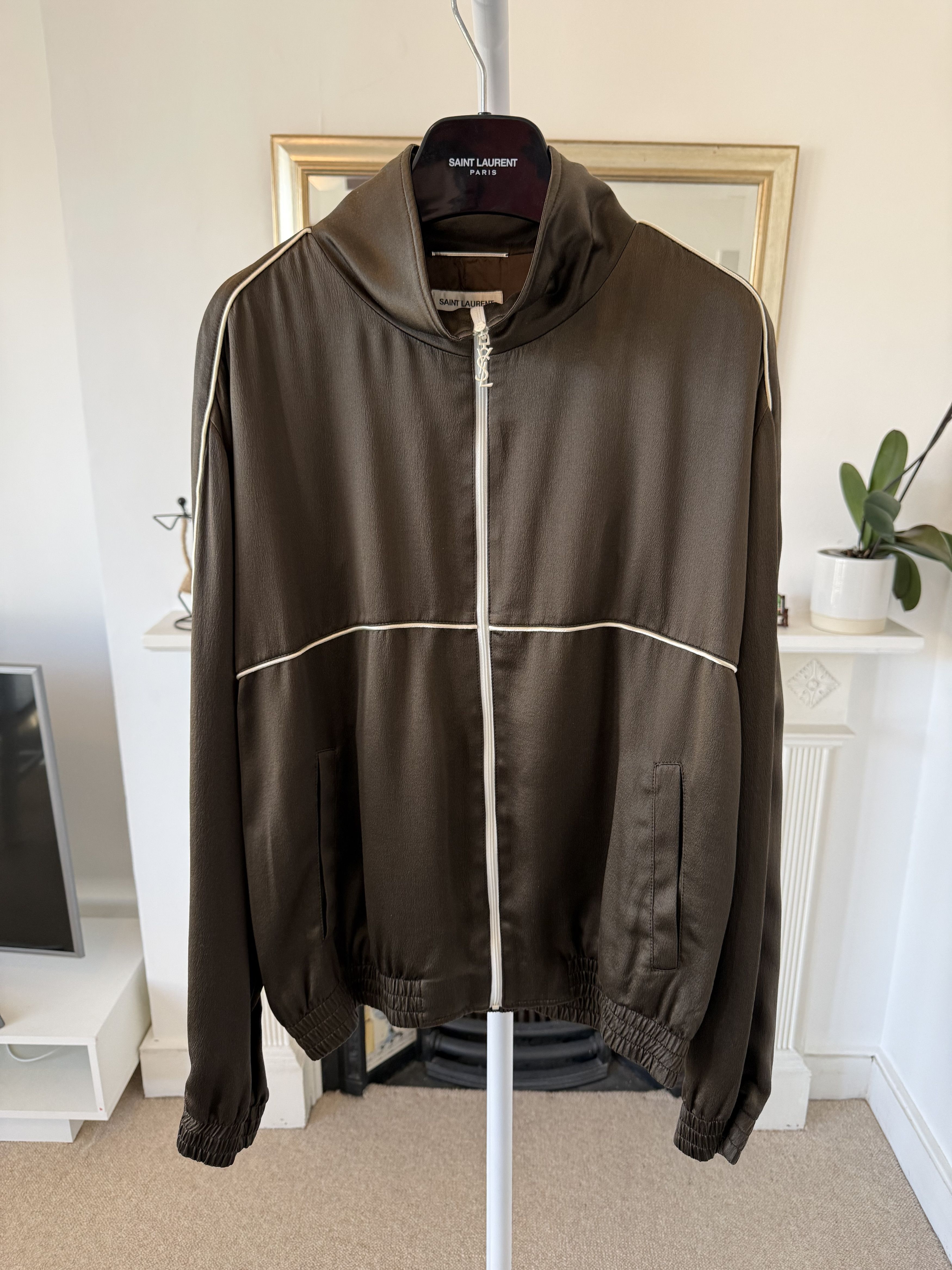 Saint Laurent Teddy Jacket in Silk Satin Crepe Khaki