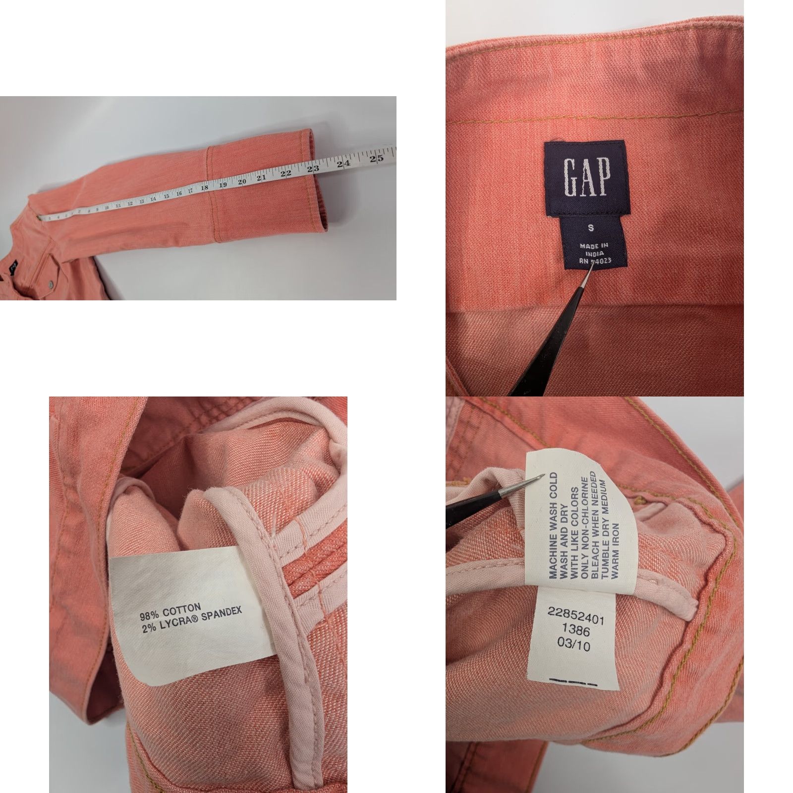 Gap VINTAGE Gap Peach Orange Denim Collarless Jacket Snap Cuffs Sz Small Stretch Rockabilly Size S / US 4 / IT 40 - 8 Thumbnail