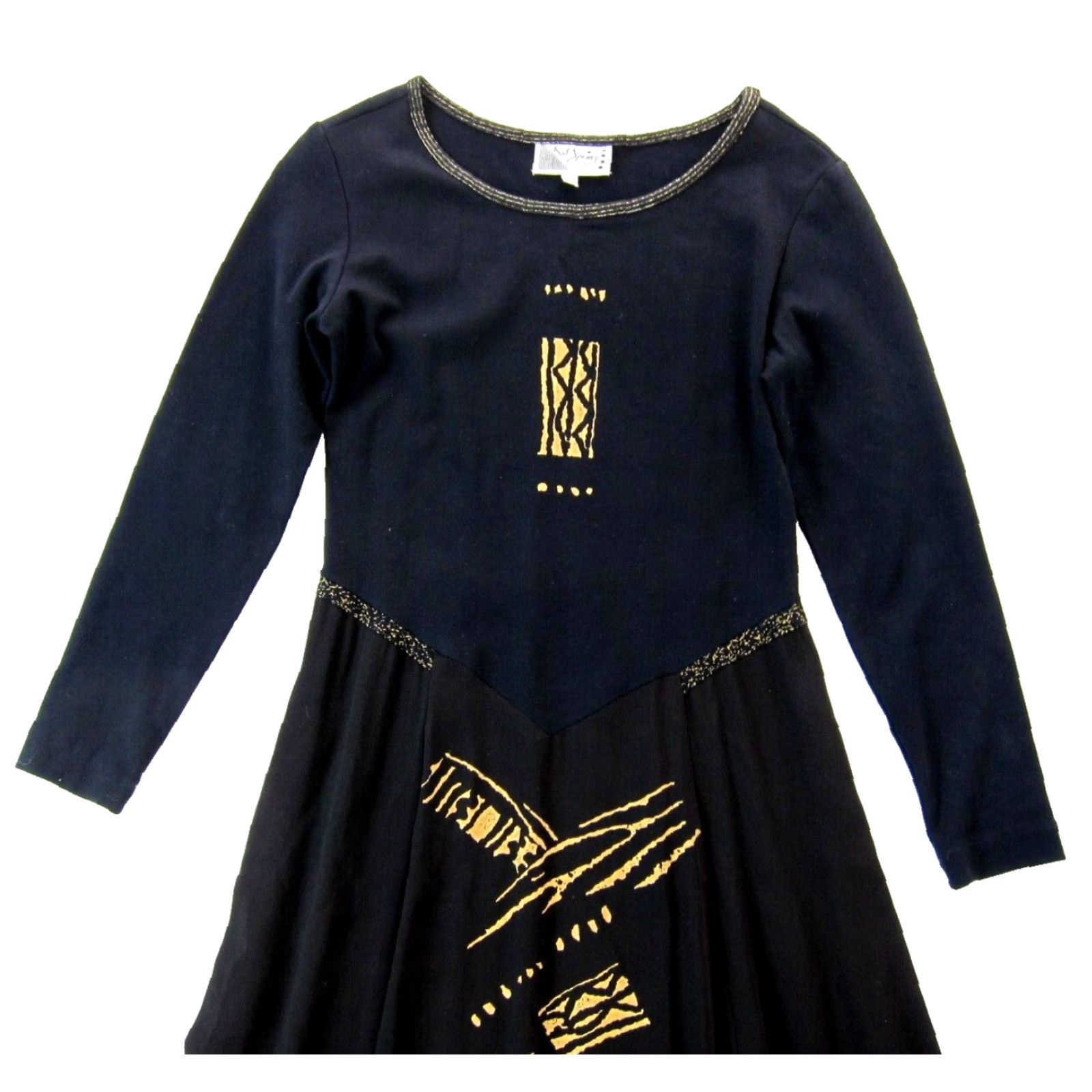 Vintage VINTAGE K.D. Spring Black Gold Cotton Stretch Long Sleeve Long Maxi Dress S Size S / US 4 / IT 40 - 3 Thumbnail