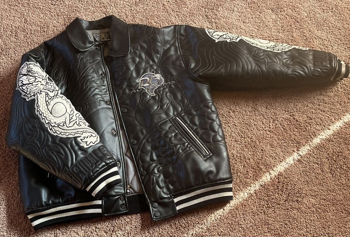 Other Raw Blue Leather Varsity Jacket–Quilted Dragon Embossed–Rare Size US XL / EU 56 / 4 - 1 Thumbnail