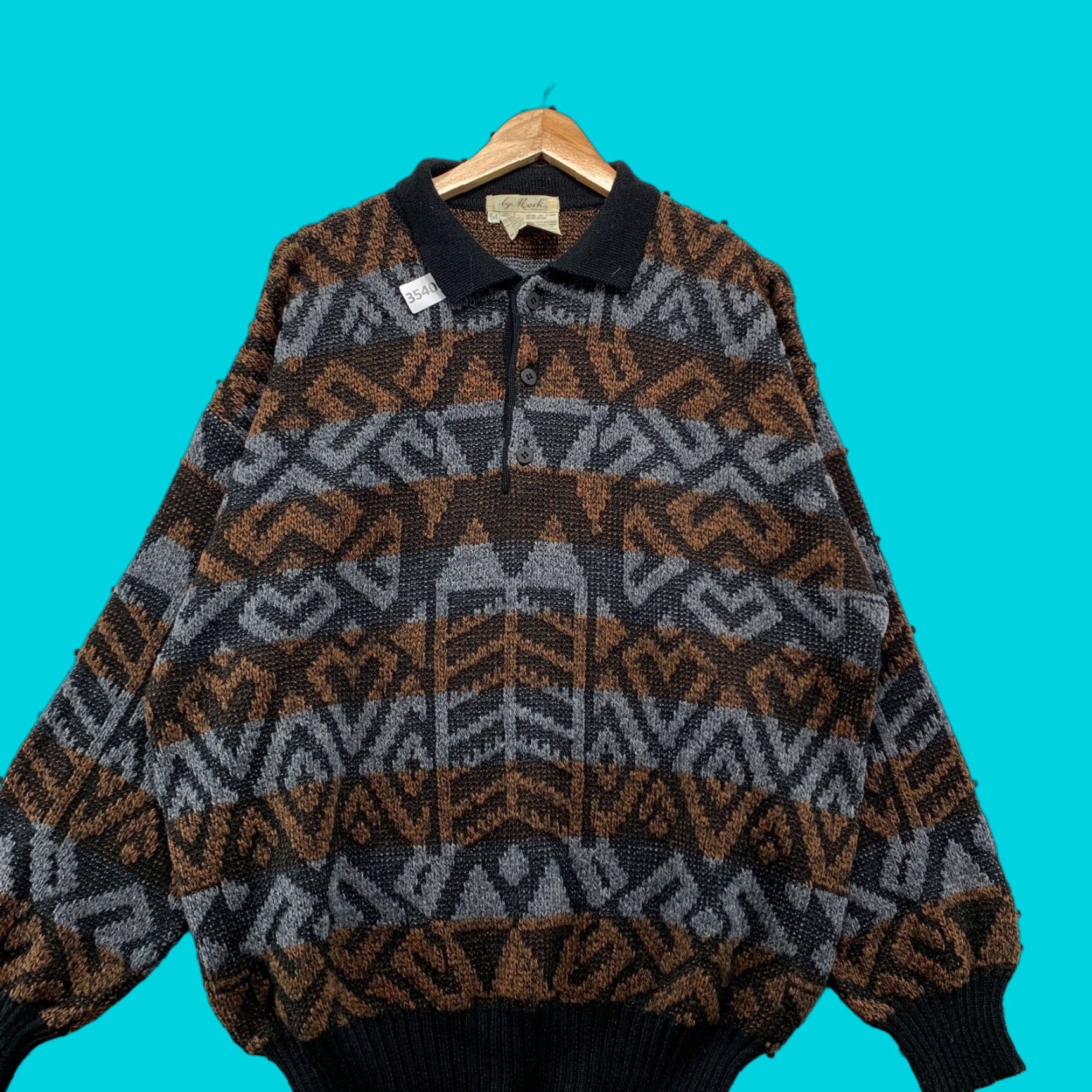 VINTAGE Mark Sweater Mens Collared Wool Knit Brown 2XL Italian 25.5x28