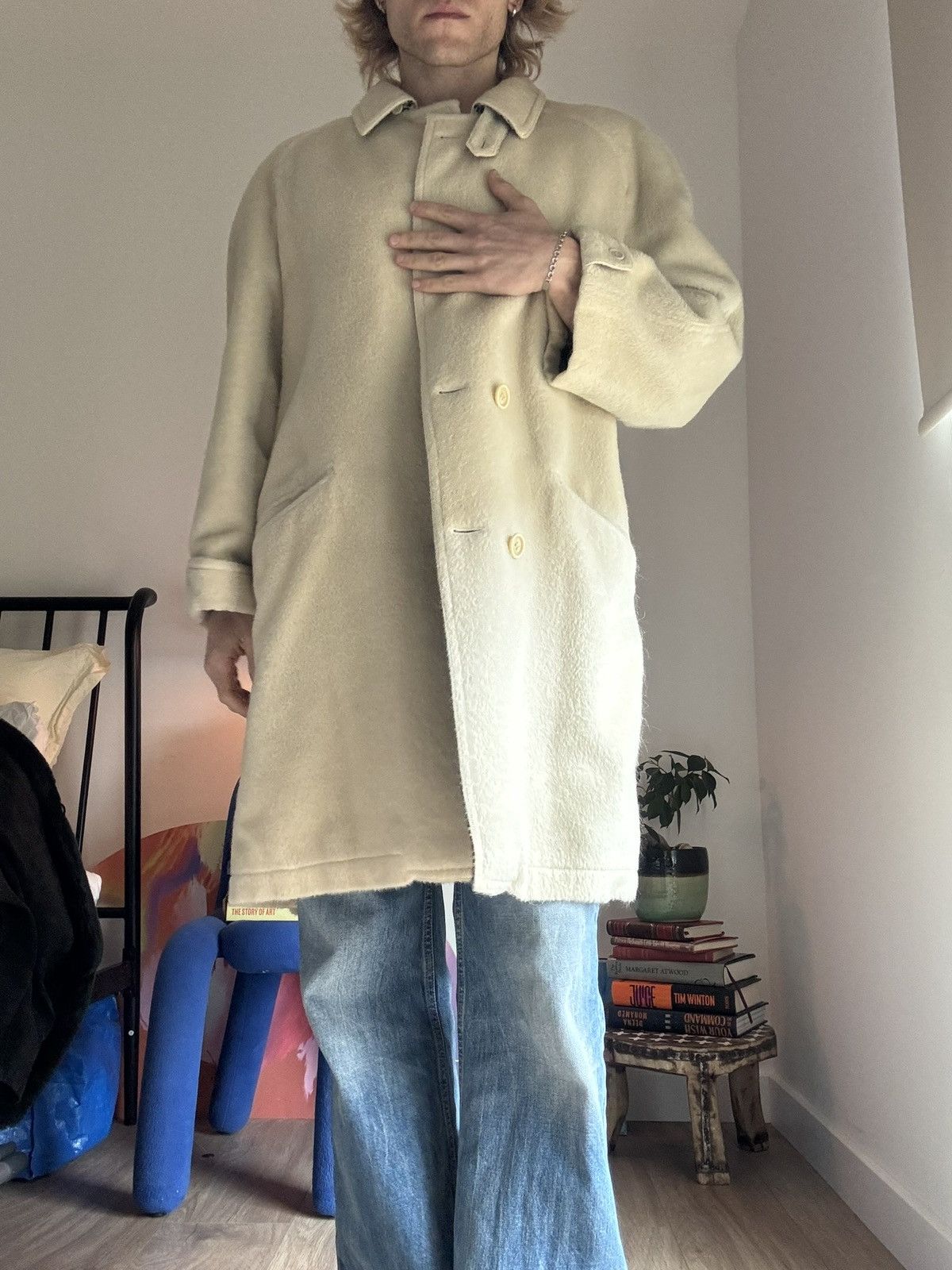Pal Zileri Cream Alpaca Mohair Coat With Houndstooth Lining Size US M / EU 48-50 / 2 - 2 Thumbnail
