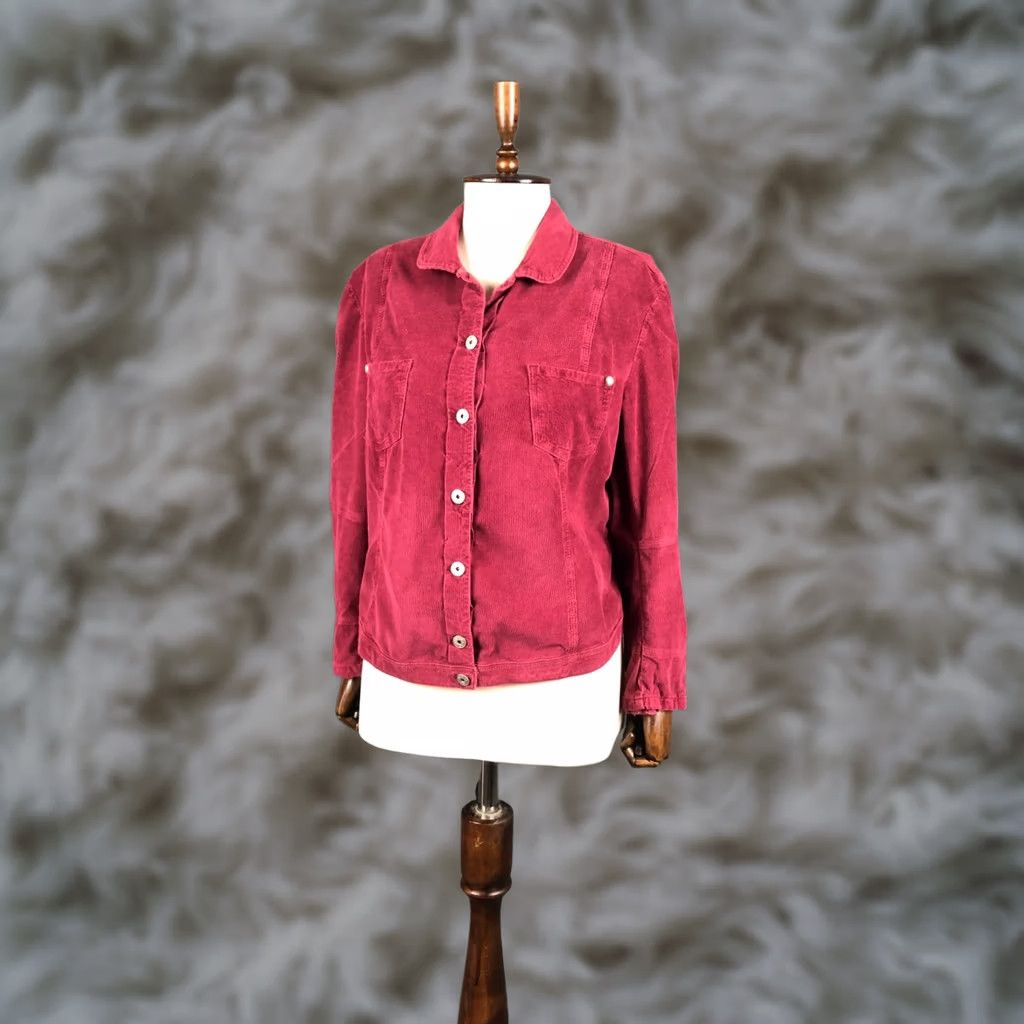 Vintage Le Jean De Marithé + François Girbaud Jacket Burgundy Women XL Cotton Velvet Short Sleeve Chest Pockets Size 40" / US 18 - 1 Thumbnail