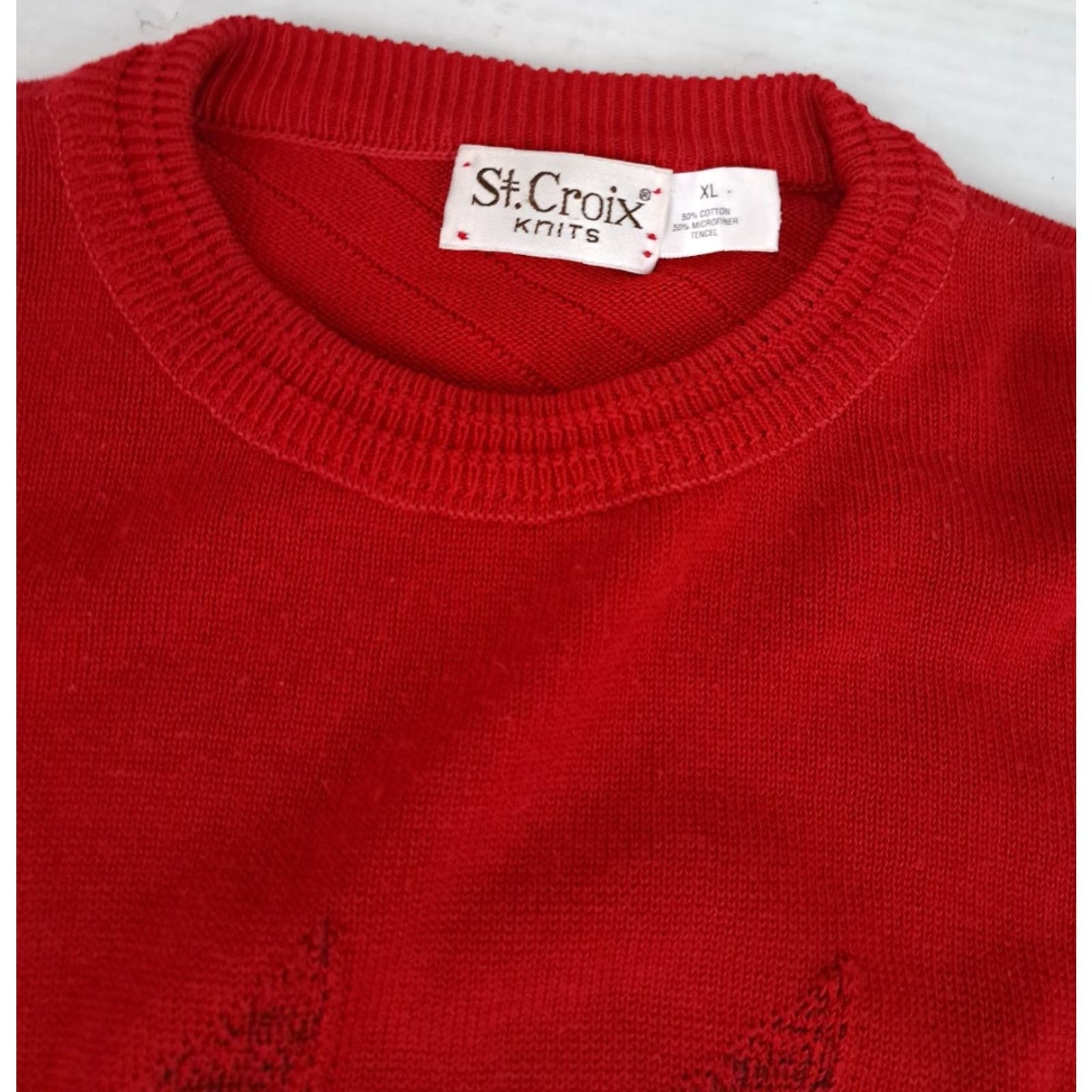 X-LARGE VINTAGE Red Ribbed Geometric Knit Sweater St. Croix XL Men Pullover Crew Neck Knit Cotton Short Description: 27in long 25in pit to pit Size US XL / EU 56 / 4 - 4 Thumbnail