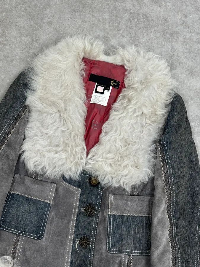 Just Cavalli AW2005 Cavalli Mongolian Fur Grey Leather & Blue Denim Jacket Size S / US 4 / IT 40 - 6 Thumbnail
