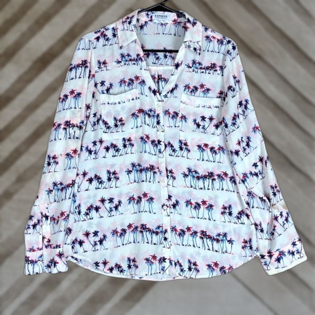Express Express Blouse White Palm Tree Portofino V-Neck Button Down Sheer M Womens Size M / US 6-8 / IT 42-44 - 1 Thumbnail