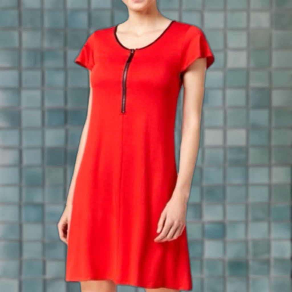 Vintage KENSIE Red Zip Neck Cap Sleeve T-Shirt Dress Medium Womens Above Knee Casual Viscose 70s Size M / US 6-8 / IT 42-44 - 1 Thumbnail