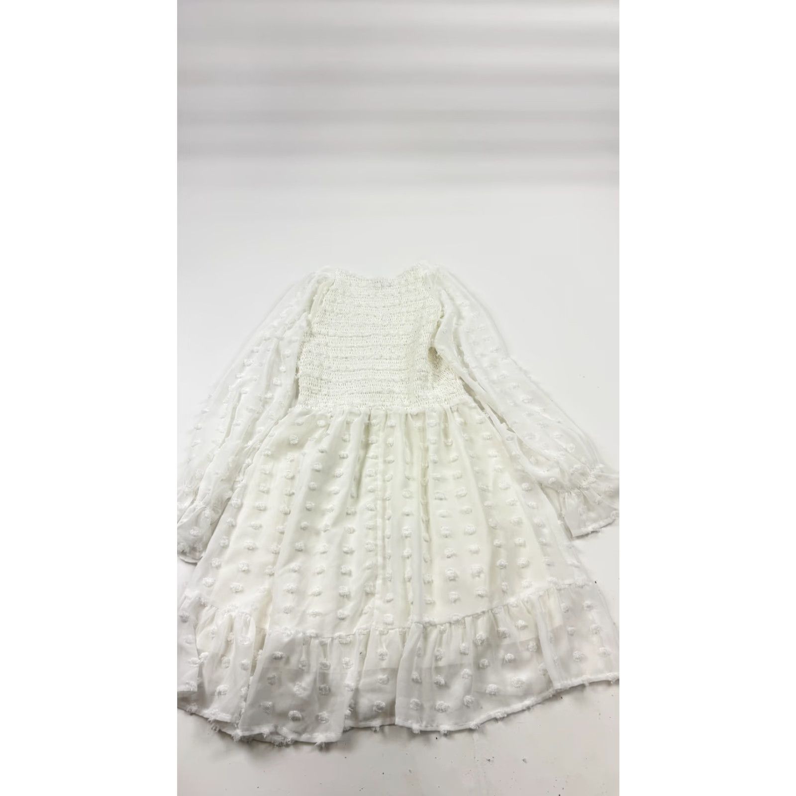 Vintage BTFBM Dress Small White Swiss Dot Smocked Long Sleeve Ruffle Hem Womens Size S / US 4 / IT 40 - 5 Thumbnail